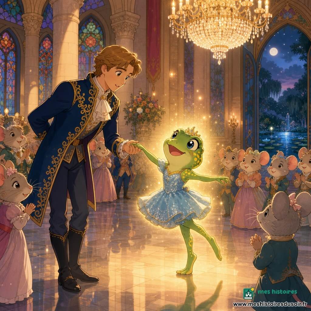 Aria, une petite grenouille au ventre rond à la peau vert émeraude parsemée de taches dorées, yeux pétillants et sourire lumineux, porte une robe courte scintillante bleu clair et un petit diadème; elle danse sur la pointe des pattes au centre d'un bal crépusculaire dans la grande salle du château — hauts piliers en pierre crème, vitraux colorés, énorme lustre en cristal et sol en marbre poli reflétant les personnages, portes ouvertes sur un étang lunaire — tandis qu'un jeune prince d'une vingtaine d'années, cheveux châtain clair, costume royal bleu marine brodé d'or, la tient par la main et la regarde avec étonnement et tendresse; une famille de petites souris grises vêtues comme des gentilshommes et demoiselles applaudit depuis le bord de la piste, et une douce lumière dorée commence à l'envelopper, annonçant une transformation magique.