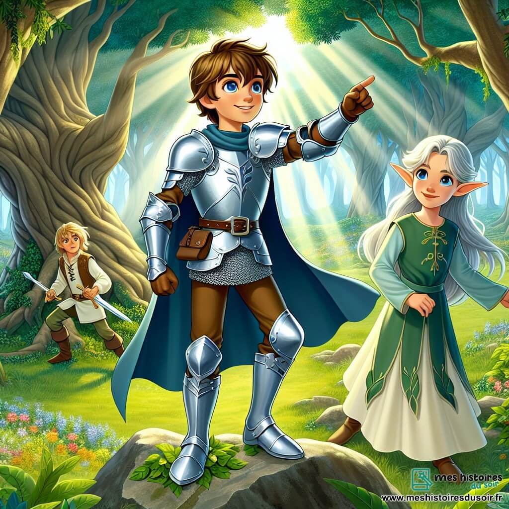 Au centre de l'image, Lancelot, un jeune chevalier de 15 ans, se tient sur un rocher, son armure brillante reflétant le soleil. Ses cheveux bruns flottent dans le vent et ses yeux bleus expriment excitation et détermination en regardant l'horizon. À ses côtés, Lyra, une jeune elfe de 12 ans aux cheveux argentés et aux yeux scintillants, l'encourage en pointant vers la forêt enchantée. En arrière-plan, la forêt, avec ses arbres gigantesques et ses feuillages verts, est illuminée par des rayons de soleil. La scène montre Lancelot prêt à entrer dans la forêt mystérieuse, soutenu par Lyra dans sa quête du Coeur de la Terre.