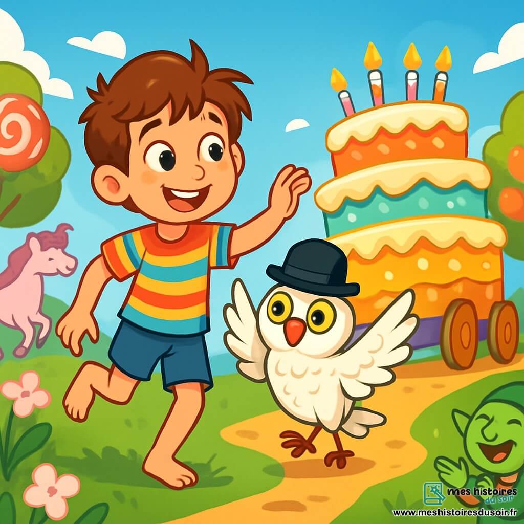 Un garçon de 10 ans, Léo, avec des cheveux châtains en bataille et des yeux curieux, danse joyeusement sous un ciel bleu, un sourire illuminant son visage. Il porte un t-shirt rayé coloré et un short en jean, pieds nus sur l'herbe. À ses côtés, une chouette avec un chapeau melon noir et des plumes blanches bat des ailes en rythme, observant Léo avec amusement. En arrière-plan, un immense gâteau d'anniversaire décoré de couches multicolores roule sur un chemin de caramel, ses bougies scintillant. Le décor est une forêt enchantée avec des arbres en bonbons et des fleurs en guimauve, où des lutins et des licornes dansent, créant une ambiance festive. La scène capture Léo tentant de convaincre le gâteau de revenir pour le bal, entouré de rires et de couleurs éclatantes.