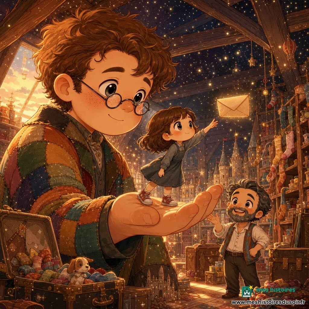 Gaspard, un géant doux et timide à la peau pâle tachetée de rousseur, lunettes rondes trop petites et manteau patchwork, tend sa main massive pour porter Lina, une fillette d’environ 10 ans aux cheveux châtains courts, regard déterminé et un peu honteux, robe simple et baskets, qui grimpe sur sa paume pour attraper une enveloppe beige tandis que Monsieur Idriss, homme d’une cinquantaine d’années à la barbe poivre et sel en chemise de marché, se tient en bas du grenier visible par la lucarne, souriant et encourageant; le grenier transformé en royaume présente poutres anciennes, plafond constellé d’étoiles minuscules, malles ouvertes, étagères d’objets oubliés et poussière dorée flottante, et la scène, baignée d’une lumière chaude du soir, dégage une atmosphère magique, douce et sécurisante avec des expressions chibi exagérées et mignonnes.