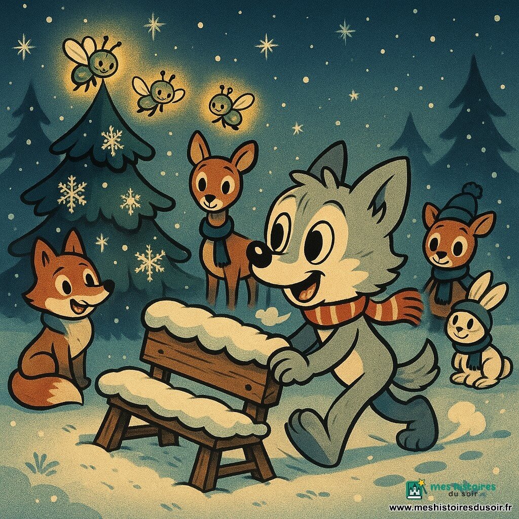 Un jeune loup anthropomorphe au pelage gris clair nuancé de crème, souriant et portant une petite écharpe rouge à rayures blanches, pousse un vieux banc en bois couvert de neige, souffle visible; une famille de lucioles aux corps verts translucides et halos dorés voltige en arc autour d’un sapin enchanté brillant d’une lueur chaude à hauteur de la tête du loup; un renard roux assis, une biche brune debout et un lapin blanc accroupi, vêtus de bonnets et écharpes simples, forment un demi-cercle émerveillé derrière le banc; le tout se déroule dans une clairière enneigée au crépuscule entre sapins sombres, flocons tombant et étoiles scintillantes, empreintes au sol, contrastes entre les lumières chaudes du sapin orné de flocons cristallins et les tons froids de la neige pour la veillée de Noël.