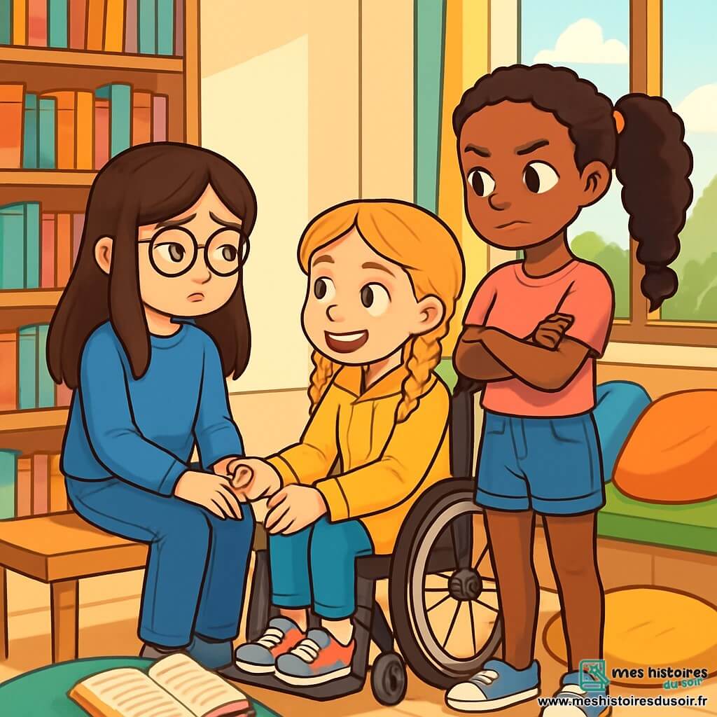 Il y a trois personnages : Jade, une fille de 10 ans avec de longs cheveux bruns et des lunettes rondes, assise sur un banc avec une expression pensive ; Lila, une fille de 11 ans en fauteuil roulant, avec des cheveux blonds en tresses et un sourire éclatant, tenant la main de Jade pour la réconforter ; et Fatou, une fille de 10 ans avec des cheveux crépus et une grande tresse, debout devant elles, les bras croisés, prête à les encourager. L'action se déroule dans une bibliothèque lumineuse, remplie de livres colorés et de coussins sur le sol. Les filles discutent de la séparation des parents de Jade, montrant tristesse, compréhension et solidarité.