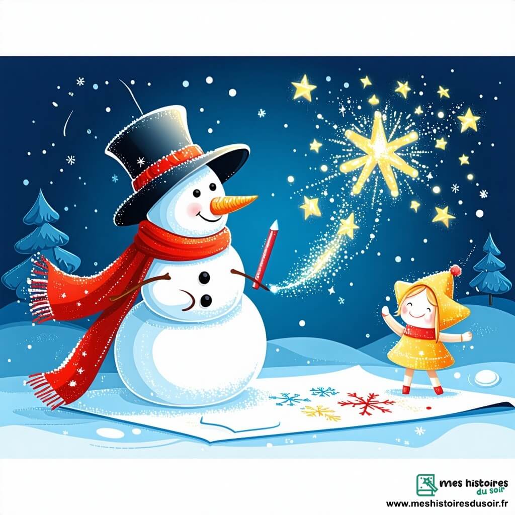 Nino, un bonhomme de neige joyeux avec un chapeau en feutre et une écharpe rouge, dessine un tableau d'hiver sur du papier blanc avec une craie colorée. À ses côtés, Luma, une étoile dorée, trace des étoiles dans le ciel avec un grand sourire. Flocon, un flocon de neige délicat, tourbillonne autour d'eux, créant des flocons dans l'air. Le paysage hivernal est enchanteur, avec des arbres enneigés et un ciel bleu clair, dégageant une atmosphère de magie et de joie où les amis s'amusent à créer une œuvre d'art pleine de couleurs et de lumière.