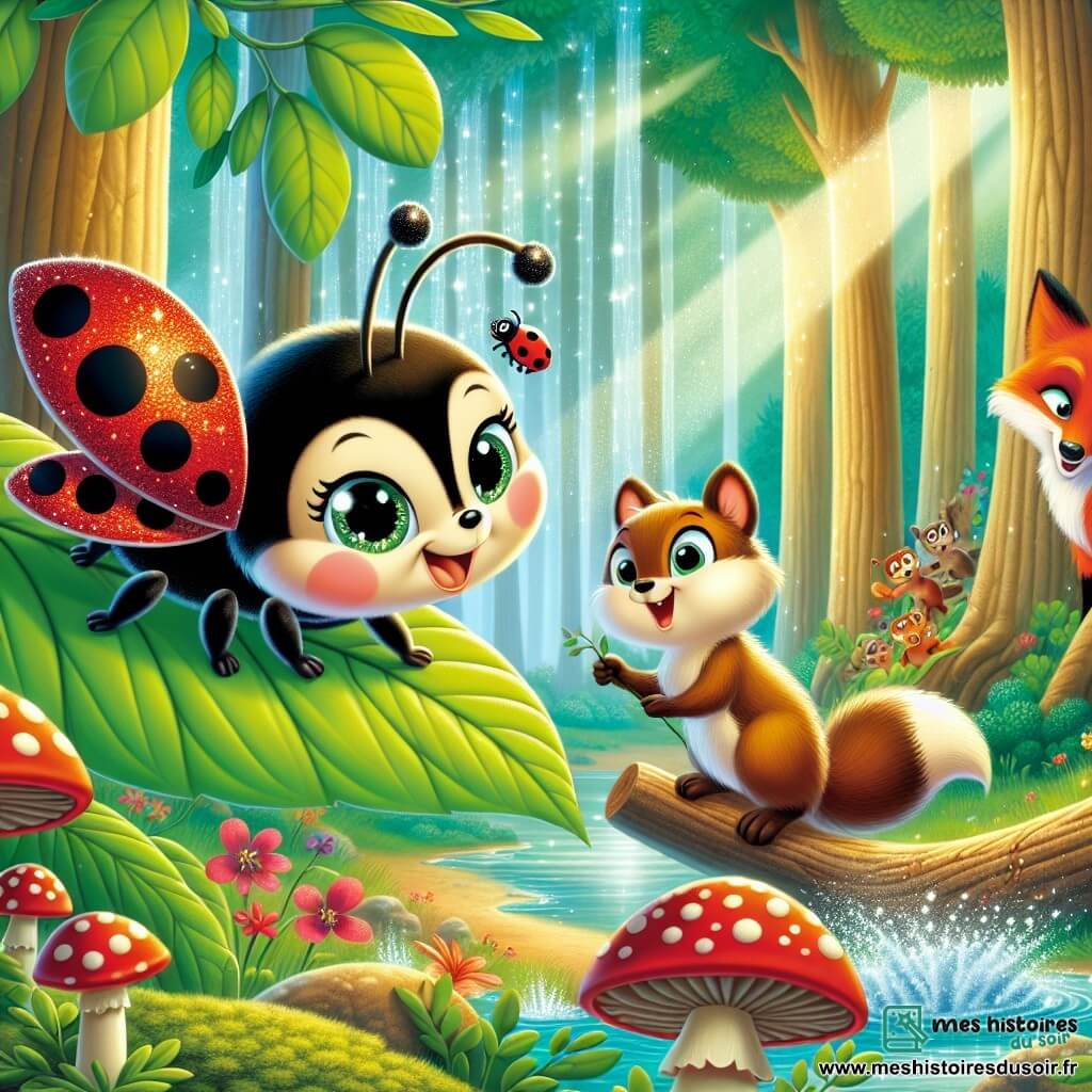 Lili, une petite coccinelle aux ailes rouges à pois noirs, danse joyeusement sur une feuille verte, ses yeux brillants de détermination. À ses côtés, Pinpin, un écureuil au pelage brun, l'observe avec curiosité, tenant une brindille. En arrière-plan, un renard orange aux yeux malicieux les regarde avec amusement, assis sur un rocher. Ils se trouvent dans une forêt enchantée, où des arbres majestueux laissent passer des rayons de soleil illuminant le sol fleuri. Lili et Pinpin se préparent à traverser un ruisseau tumultueux, avec des éclaboussures d'eau scintillantes, tandis que le renard les encourage espièglement.