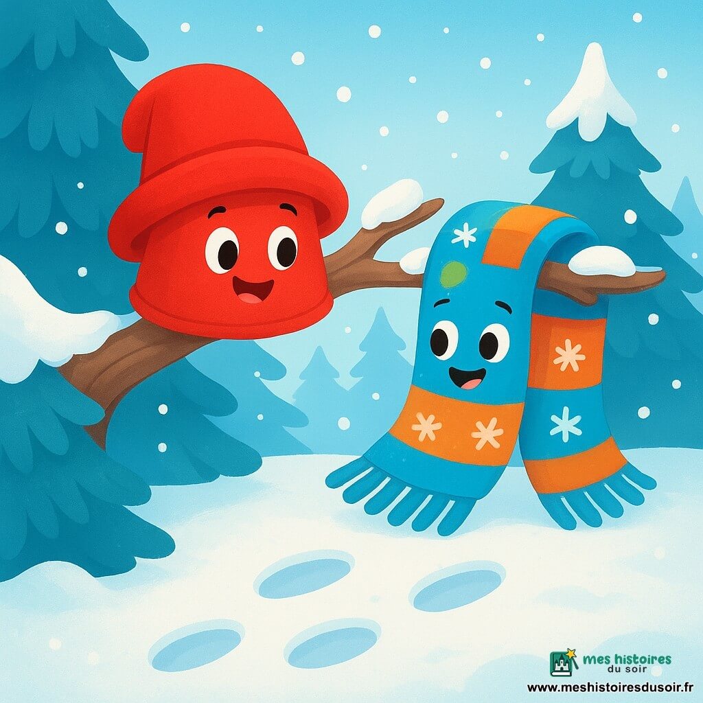 Petit Chapeau rouge, un petit chapeau en tissu doux et brillant, est perché sur une branche d'un vieux sapin, souriant et observant des traces dans la neige, ses bords légèrement froissés par le vent. À côté, Écharpe Douce, une écharpe en laine colorée avec des motifs de flocons de neige, est enroulée autour d'une branche voisine, affichant une expression enjouée et prête à explorer. Le décor est une forêt hivernale, couverte de neige scintillante sous un ciel bleu pastel, entourée de sapins majestueux. Petit Chapeau et Écharpe Douce découvrent des traces mystérieuses dans la neige, curieux et émerveillés, prêts à partir à l'aventure pour aider un ami.