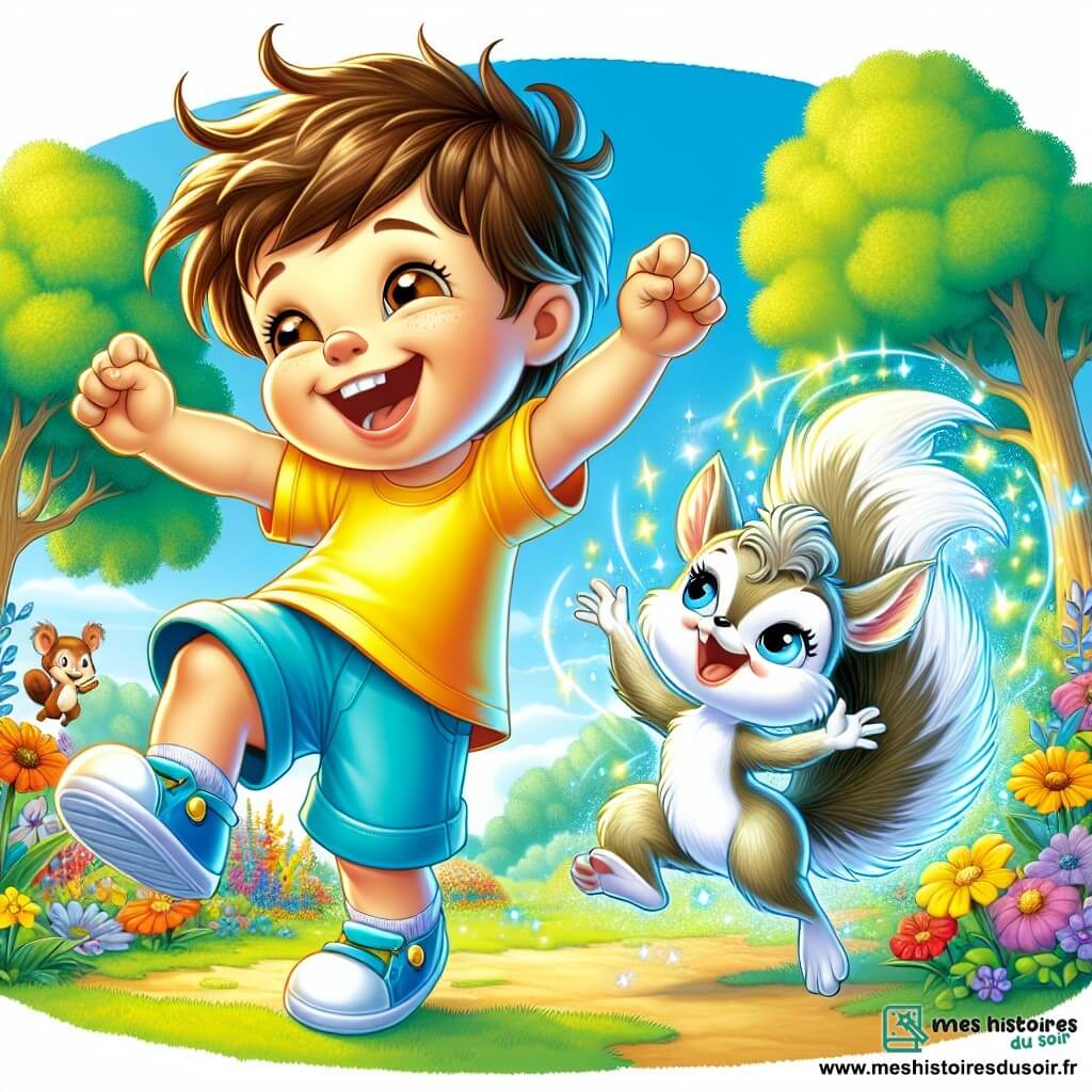 Un garçon de 4 ans, Petit Paul, avec des cheveux bruns en bataille et un grand sourire, danse dans un jardin ensoleillé. Il porte un short bleu et un t-shirt jaune, les bras levés. À côté de lui, un écureuil nommé Plume, avec une queue touffue, saute sur une branche, l'encourageant. Le jardin est rempli de fleurs colorées, d'arbres verts et d'un ciel bleu, créant une atmosphère joyeuse. Paul et Plume dansent ensemble, célébrant l'amitié et la joie.