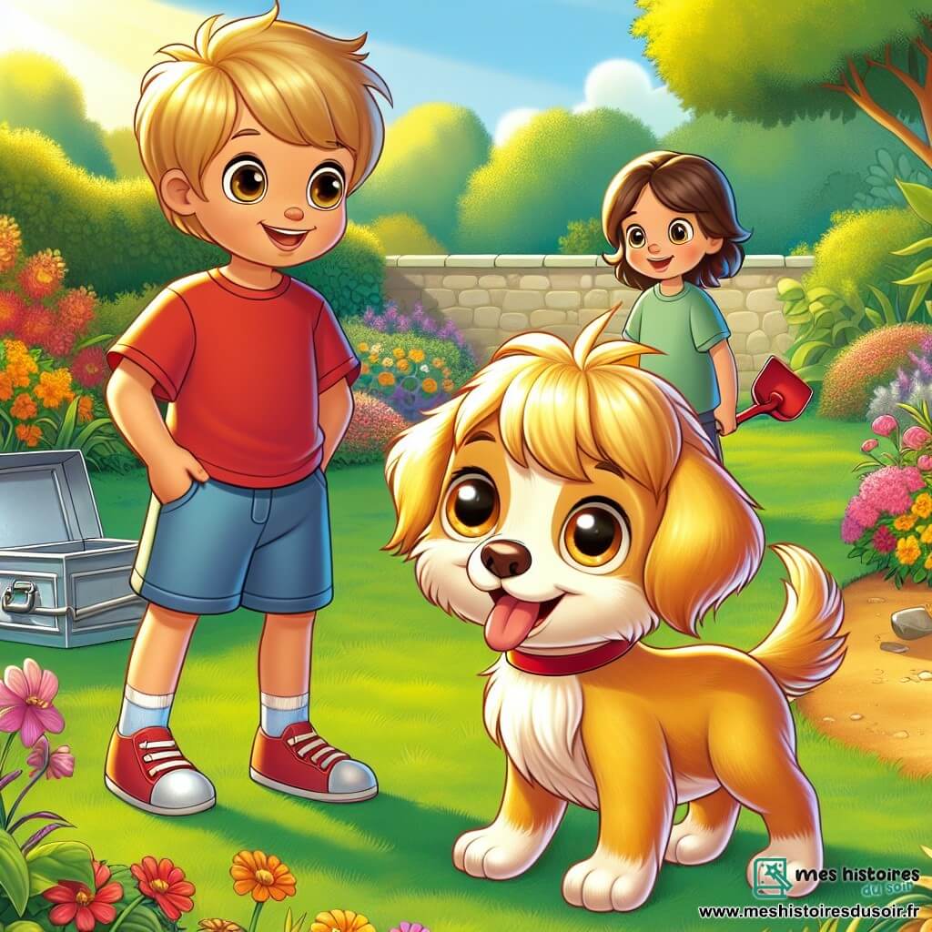 Un petit chien doré nommé Filou se tient au centre de l'image, avec une expression joyeuse et curieuse. À ses côtés, un garçon aux cheveux bruns, vêtu d'un t-shirt rouge et d'un short bleu, sourit en tenant une pelle en plastique. Plus loin, une maman au teint olive, avec de longs cheveux bruns, observe la scène avec un sourire bienveillant. Le jardin ensoleillé est rempli de fleurs colorées et d'arbres verdoyants. Filou creuse avec enthousiasme pour retrouver un trésor caché, tandis que le garçon l'encourage, créant une atmosphère de bonheur partagé.