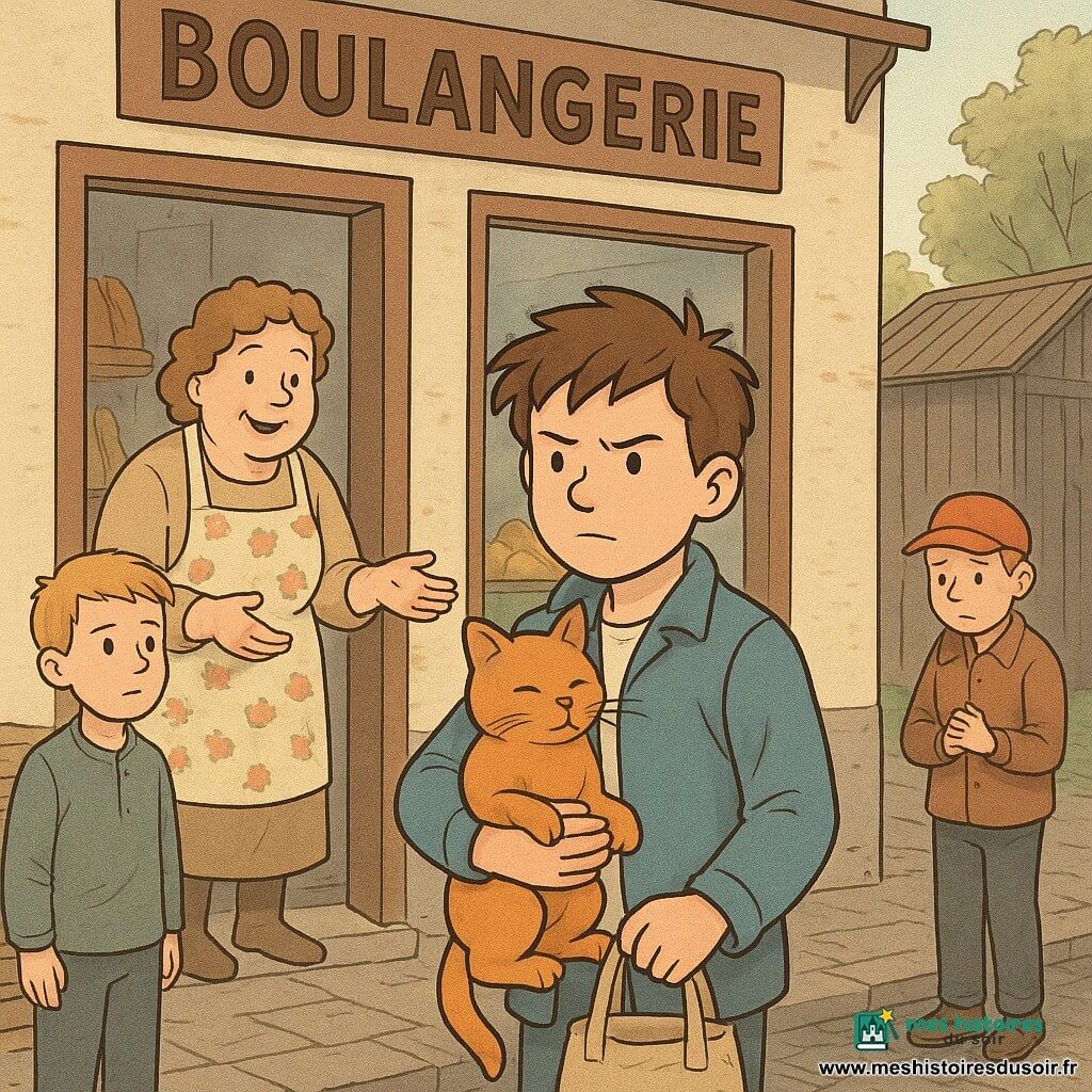Paul, garçon d'environ 11 ans, visage concentré et fier, cheveux bruns en désordre, manteau bleu léger, tient contre sa poitrine Biscotte, le chat roux, et un petit sac en toile beige, debout au premier plan devant la boulangerie; Madame Lemoine, femme d'environ 50 ans, ronde et chaleureuse, en tablier à fleurs, sourit soulagée en tendant les mains vers le chat depuis l'embrasure de la porte; Théo, garçon d'environ 11 ans, cheveux blonds courts, visage inquiet mais soulagé, se tient à gauche près d'une pile de cageots; Maxime, environ 9 ans, casquette rouge sale, posture penaude, se tient en retrait près d'un vieux hangar en bois; lieu : devant une petite boulangerie de quartier au matin, vitrine de pains et viennoiseries, enseigne en bois, trottoir pavé humide, quelques platanes et un hangar usé en arrière-plan; situation : moment de révélation heureuse — chat retrouvé et sac rendu, lumière douce de printemps, couleurs chaudes et textures dessinées, composition centrée sur Paul et le chat pour transmettre émotion et résolution.