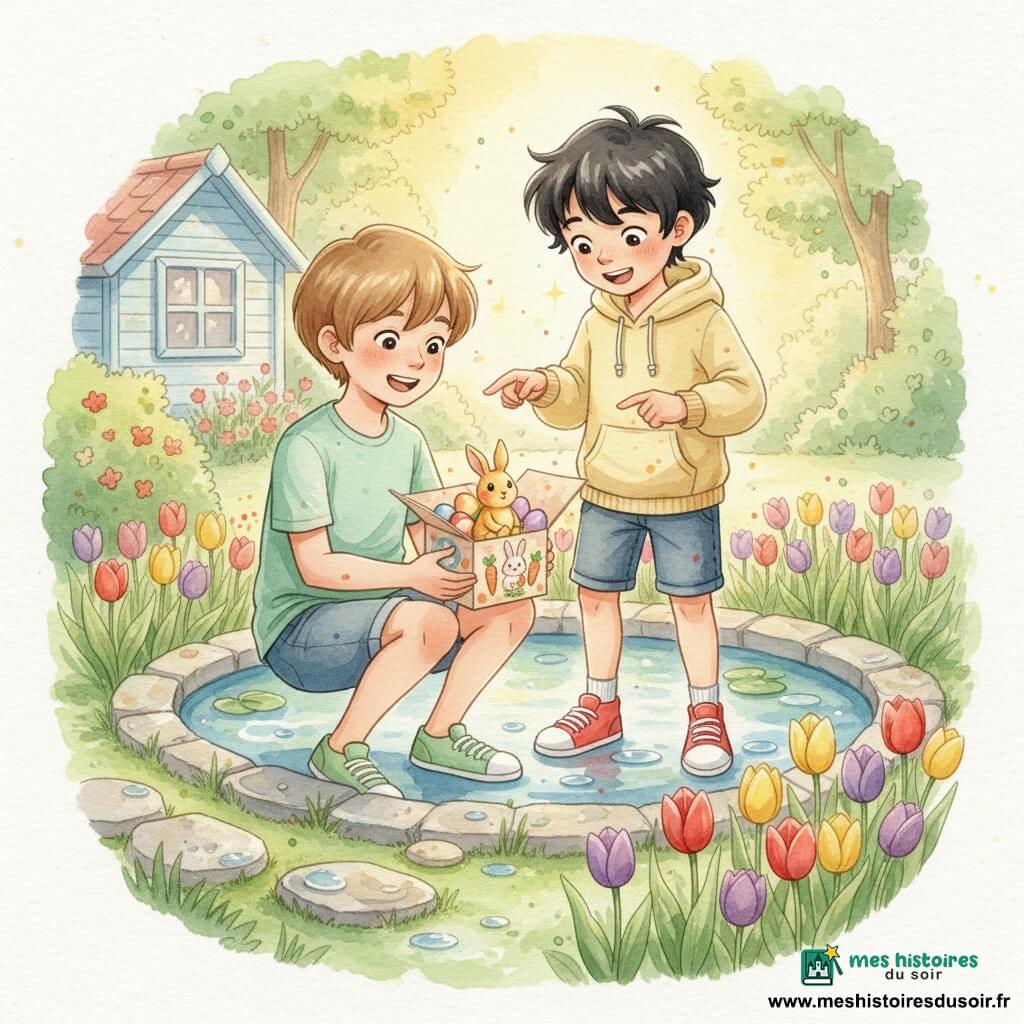 Deux garçons de 8 ans, Lucas (cheveux châtain clair coupés au carré, t-shirt vert menthe et short en jean, accroupi à gauche tenant une petite boîte décorée) et Hugo (cheveux noirs en bataille, sweat à capuche jaune pâle et baskets rouges, debout à droite pointant la boîte), découvrent au bord d’un petit étang rond dans un jardin printanier fleuri (tulipes rouges, jaunes et violettes, cabane en bois bleu clair) une boîte ouverte révélant des œufs en chocolat colorés et une petite statuette de lapin dorée ; ambiance aquarelle douce aux lumières dorées du matin, gouttes d’eau scintillantes et expressions d’émerveillement sur leurs visages.