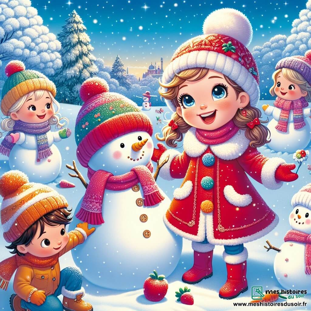 Clara, une petite fille de 5 ans aux joues roses et aux yeux pétillants, porte un manteau rouge vif et un bonnet à pompon. Elle sourit en ouvrant les bras devant un bonhomme de neige qu'elle vient de créer. À ses côtés, Lucas, un garçon de 6 ans aux cheveux bruns et aux lunettes rondes, rit en ajoutant une écharpe colorée au bonhomme. Emma, une petite fille de 5 ans avec des tresses blondes, tient une carotte pour le nez du bonhomme, les yeux brillants d'excitation. Le parc est recouvert de neige scintillante, avec des arbres chargés de neige et un ciel bleu clair. Clara et ses amis construisent un village de neige, entourés de bonhommes de neige décorés, tout en riant et s'amusant dans cette ambiance hivernale magique.