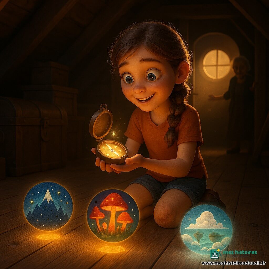 Une fillette de 10 ans, émerveillée, yeux brillants et sourire timide, cheveux châtain clair en tresse, genoux égratignés sous un short, tient une petite boussole en bois luminescente ; la boussole animée, avec une aiguille scintillante et une minuscule bouche lumineuse, flotte au-dessus de ses mains et projette au sol trois icônes lumineuses — une montagne étoilée bleu nuit et or, une forêt de champignons-lampes rouge-orange-vert et une mer de nuages aux îles flottantes nacrées et azur — tandis qu’au fond, une silhouette de grand-mère d’environ 70 ans se dessine dans l’embrasure d’une porte du grenier encombré (poutres sombres, planches apparentes, malles poussiéreuses) baigné d’un rayon de lumière chaude; la fillette, agenouillée au centre des projections, vit l’instant magique où la boussole indique les « directions du cœur », expression d’émerveillement et de décision, contraste de lumière chaleureuse et d’ombre douce.