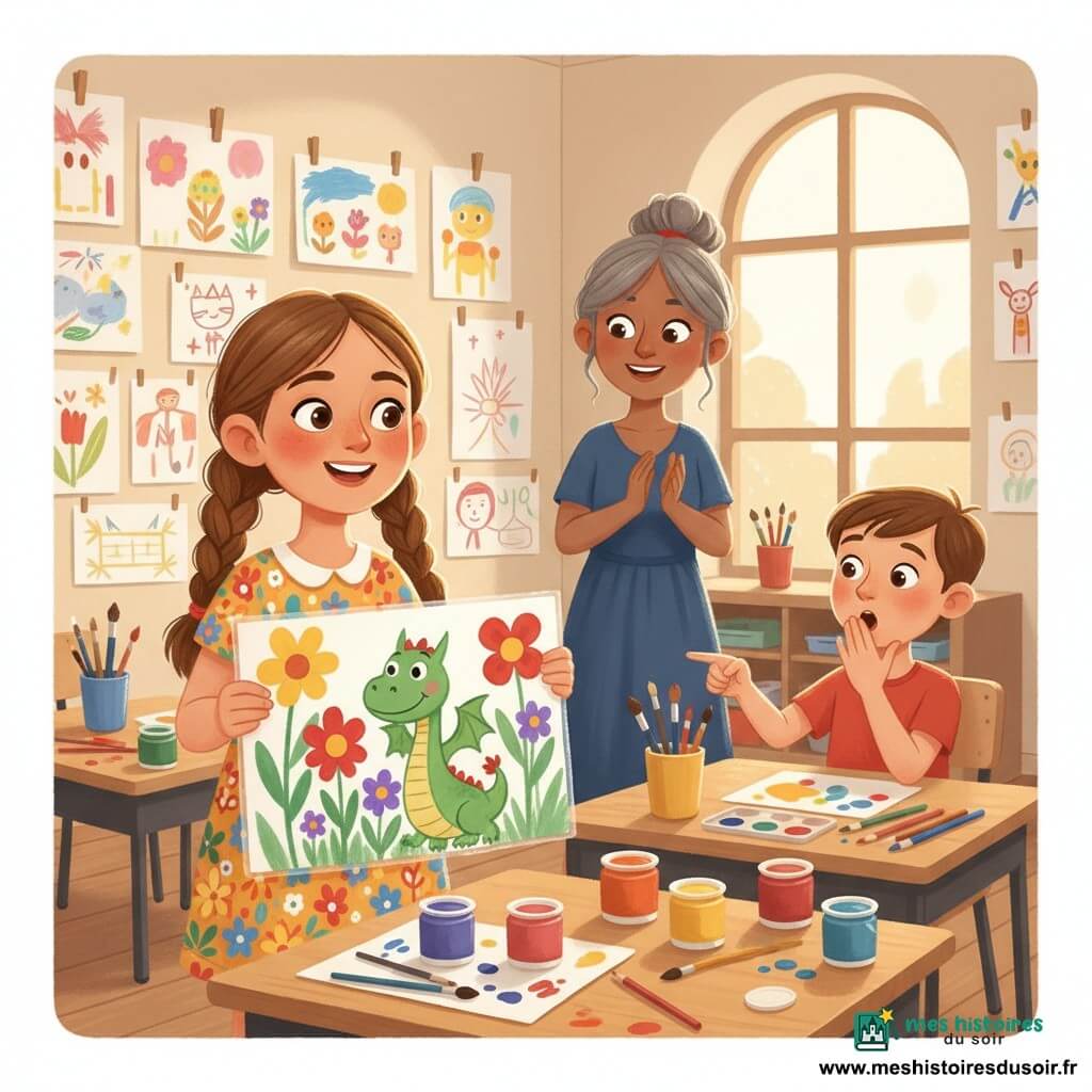 Lila, 8 ans, rayonnante et fière, joueuse de confiance avec joues rosées et tresses châtain clair, tient devant elle un grand dessin plastifié représentant un jardin enchanté aux fleurs vives et un dragon souriant ; derrière elle, à quelques pas, la maîtresse d'une quarantaine d'années, cheveux gris-brun en chignon et robe bleu marine, applaudit bienveillante ; à une table proche, Thomas, garçon de 8 ans en t-shirt rouge et cheveux courts bruns, est assis, surpris et admiratif, une main sur la bouche et l'autre pointant le dessin ; la classe lumineuse d'école primaire a des murs couverts de dessins colorés, tables en bois clair, pots de gouache et crayons éparpillés, et une grande fenêtre laissant entrer une douce lumière d'après-midi ; scène centrée sur Lila et son œuvre, couleurs chaudes, textures de gouache visibles, atmosphère joyeuse et encourageante.