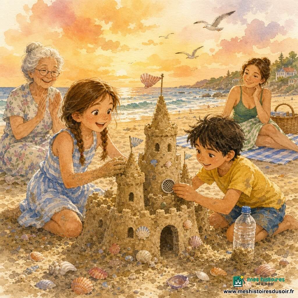 Lila, 8 ans, cheveux châtain clair en deux nattes, robe rayée bleu et blanc, mains pleines de sable en train de modeler une grande tour; Théo, ~8 ans, cheveux bruns en bataille, tee-shirt jaune sableux, ajoute une petite passeoire comme fenêtre, bouteille plastique à moitié remplie de sable à côté; Madame Martin, femme âgée aux cheveux blancs en chignon et robe à fleurs, sourit et applaudit derrière eux; la mère de Lila, cheveux bruns attachés, en maillot vert et paréo, assise sur une grande serviette rayée avec un panier de pique-nique, veille tendrement; plage au crépuscule avec sable doré, petites vagues argentées, coquillages, ciel orangé et quelques mouettes aquarellées; scène principale : deux enfants concentrés et joyeux construisent un château de sable détaillé (tours, murailles, petits drapeaux de coquillage) dans une ambiance chaleureuse et lumineuse, touches d’aquarelle pour le sable et l’eau.