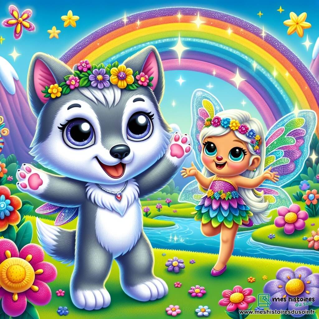 Un petit loup nommé Loupi, avec un pelage gris argenté et de grands yeux brillants, se tient au centre de la scène, les pattes levées en l'air, affichant une expression de joie. À ses côtés, une petite fée nommée Flora, avec des ailes scintillantes et une robe de pétales colorés, sourit avec excitation, prête à s'envoler. Le décor est un jardin magique, rempli de fleurs aux couleurs vives, de rivières scintillantes et d'étoiles brillantes. Au loin, une grande porte en arc-en-ciel brille sous le soleil. Loupi et Flora courent joyeusement à travers le jardin, tentant d'attraper des étoiles filantes, leurs visages illuminés par l'excitation de l'aventure.