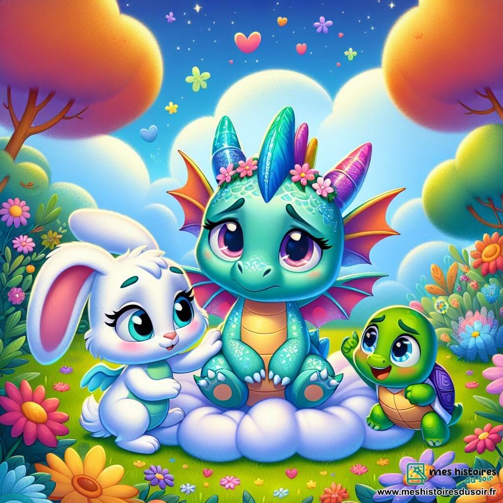 Une petite dragonne nommée Doudou, avec des écailles turquoise et des ailes multicolores, est allongée sur un nuage, affichant une expression triste. À côté d'elle, Titi le lapin, au pelage blanc et aux grandes oreilles, la regarde avec inquiétude, tandis que Lili la tortue, avec une carapace verte, sourit d'encouragement. Ils se trouvent dans un jardin enchanté, rempli de fleurs éclatantes et d'arbres scintillants, sous un ciel bleu clair. Doudou reçoit des câlins réconfortants, tandis que Titi et Lili préparent une potion magique, symbolisant l'amitié et le soutien.