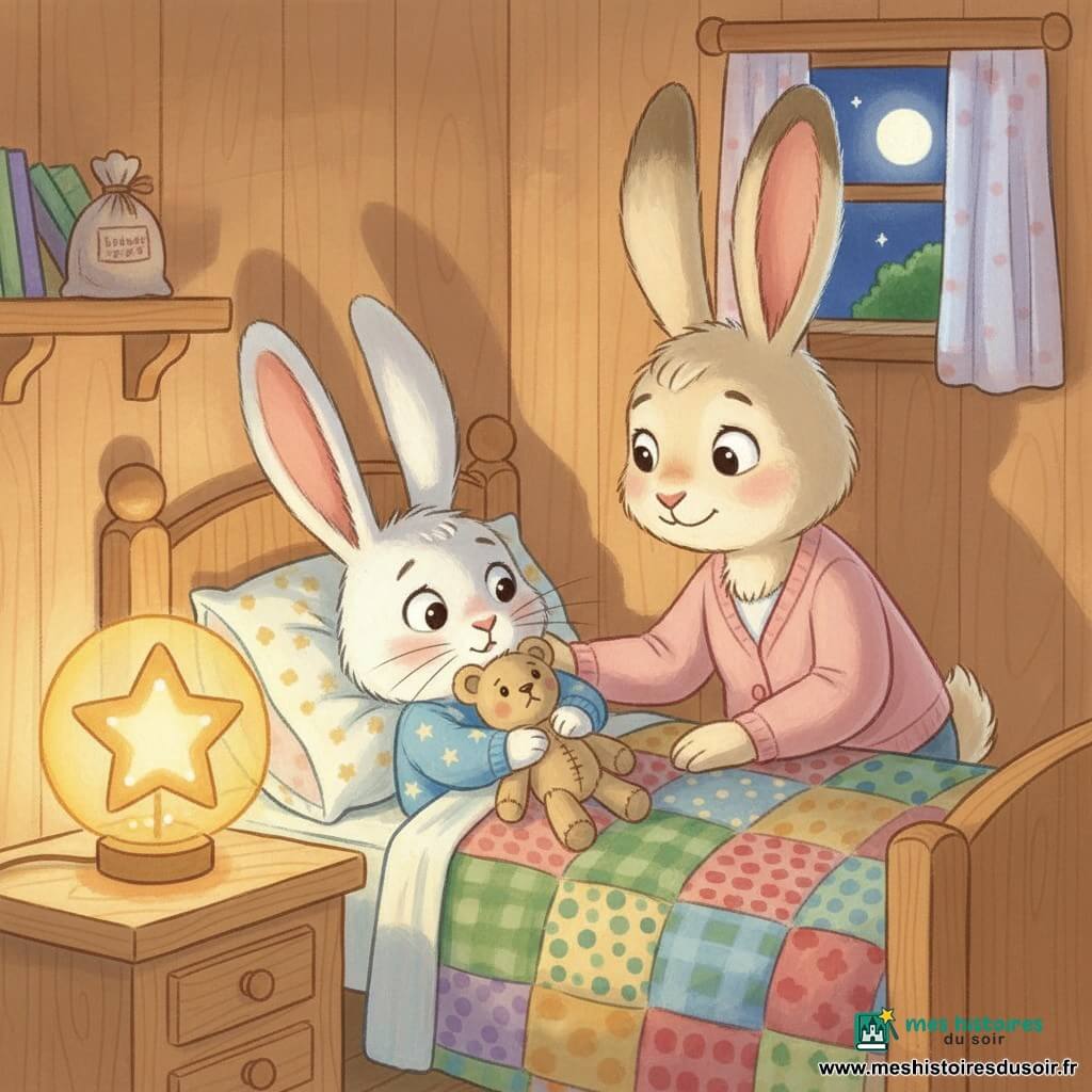 Petit Léo, petit lapin blanc aux grandes oreilles, en pyjama bleu à étoiles serre son doudou beige avec une expression inquiète mais apaisée; Maman Lapine au pelage crème, accroupie au bord du lit, pose une main rassurante sur son épaule; une lampe en forme d’étoile diffuse une lumière jaune chaude qui projette l’ombre des oreilles au mur; chambre en bois clair avec une courtepointe patchwork, une fenêtre montrant la lune et quelques étoiles et un sachet de lavande sur une étagère, ambiance nocturne calme, couleurs chaudes et textures gouache visibles.
