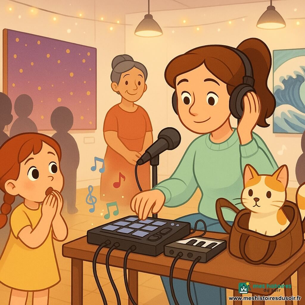 Mila, adulte, visage souriant et concentré, cheveux châtains en queue de cheval, pull pastel et jeans, assise derrière une petite table avec une machine à pads, un clavier et un micro, tapotant les pads d’une main et tenant un casque de l’autre, expression calme ; Madame Aïcha, femme adulte aux cheveux gris foncé en chignon et robe colorée, debout en retrait près d’un tableau, sourire bienveillant et regard admiratif ; une fillette d’environ 6 ans, cheveux tressés, robe jaune, bouche couverte de mains, émerveillée au premier plan gauche ; un garçon d’environ 7 ans en manteau bleu, marche doucement derrière la table, curieux des câbles rangés ; Nougat le chat mâle crème et caramel installé dans un petit sac ouvert sur la table, oreille levée, regard tranquille ; lieu : galerie d’art lumineuse aux murs blancs, grandes toiles colorées, sol en bois clair, lampes suspendues et petites lucioles décoratives ; situation : Mila crée un beat en direct au centre, public en demi-cercle qui chuchote, lumières tamisées, câbles ordonnés, petites icônes sonores flottantes, atmosphère douce et magique.