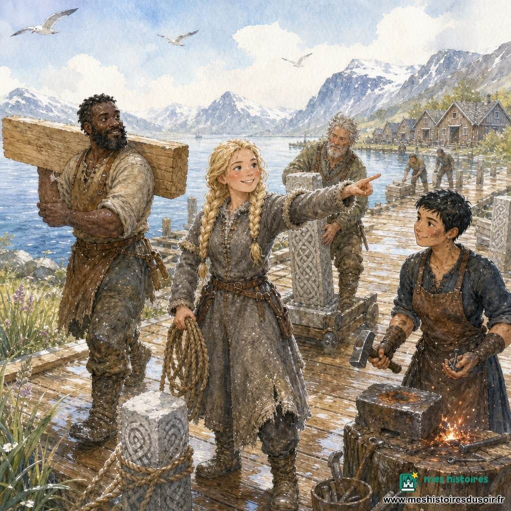 Astrid, souriante et déterminée, cheveux blonds tressés, manteau de laine grise sali par la mer, se tient au centre du nouveau quai en construction, tenant une corde et pointant vers l’horizon ; à sa droite Tor, charpentier d’environ 40 ans, robuste et barbu, bottes boueuses, porte une grande planche ; à sa gauche Freja, forgeronne d’environ 35 ans, cheveux courts et mains noircies, tient un marteau et des clous dans son tablier près d’un petit feu d’étincelles ; derrière eux Olaf, sculpteur d’environ 50 ans aux cheveux gris et au visage buriné, hisse un pilier de pierre sculptée appuyé sur un chariot de galets. Le quai neuf montre des planches de bois clair humides, piliers de pierre gravée, clous et outils éparpillés, boue et hautes herbes sur le rivage ; le fjord calme reflète l’air froid, montagnes enneigées à l’arrière-plan, nuages légers, mouettes en vol et quelques maisons en bois au bord. Scène de reconstruction collective après la tempête : artisans et villageois travaillent ensemble, expressions concentrées et gestes d’entraide, énergie chaleureuse malgré l’air frais.