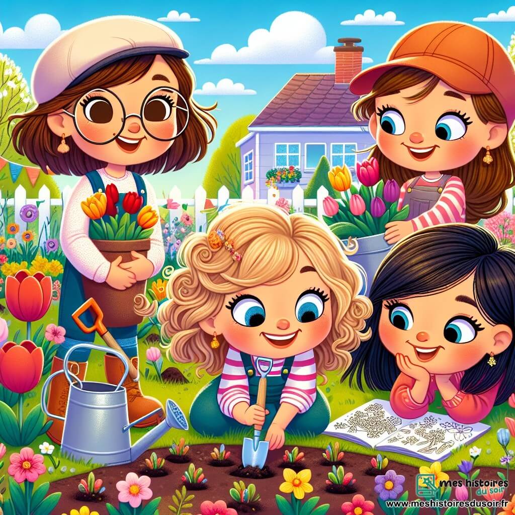 Quatre filles de 10 ans sont réunies dans un jardin printanier coloré. Camille, cheveux bruns et lunettes rondes, tient une pelle au centre. À sa droite, Chloé, aux cheveux blonds et bouclés, plante des bulbes de tulipes. À gauche, Sarah, avec des cheveux châtains et une casquette, observe les pousses avec un arrosoir. Enfin, Emma, aux cheveux raides et noirs, dessine des fleurs dans son carnet, souriante. Le jardin est rempli de fleurs éclatantes : tulipes rouges, jonquilles jaunes et primevères violettes, sous un ciel bleu et ensoleillé. Des guirlandes de papier coloré flottent, apportant une touche festive. Les filles travaillent ensemble avec enthousiasme, partageant rires et complicité tout en plantant des fleurs.