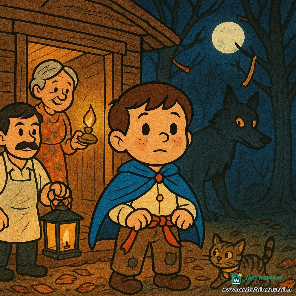 Garçon de 6 ans brave et calme, visage rond tacheté de rousseur, cheveux bruns courts, petite cape bleue brodée, chemise en lin crème et pantalon rapiécé, tenant un ruban rouge sur le seuil d'une maison en bois; derrière lui, une femme d'environ 70 ans, cheveux gris en chignon et robe à fleurs, allume une petite lampe à huile et sourit; à gauche, un boulanger d'environ 35 ans, tablier fariné, tient une grande lanterne sur le chemin couvert de feuilles; un petit chat tigré porte un ruban jaune et se faufile aux pieds du garçon; un grand loup élancé au pelage gris foncé et yeux ambre observe à quelque distance entre les arbres sans attaquer; lieu : entrée d'une maison au bord d'une forêt dense aux troncs noueux, racines apparentes et rubans colorés accrochés aux branches, lune basse; situation : confrontation paisible et courageuse, voisins éclairant la nuit, rubans flottant au vent, le loup reculant devant la lumière collective; style : couleurs chaudes pour les personnages et lampes, tons nocturnes bleus pour la forêt, lignes cartoon rubber hose, textures papier et encre, éclairage contrasté doux, composition centrée sur le garçon en plan moyen.
