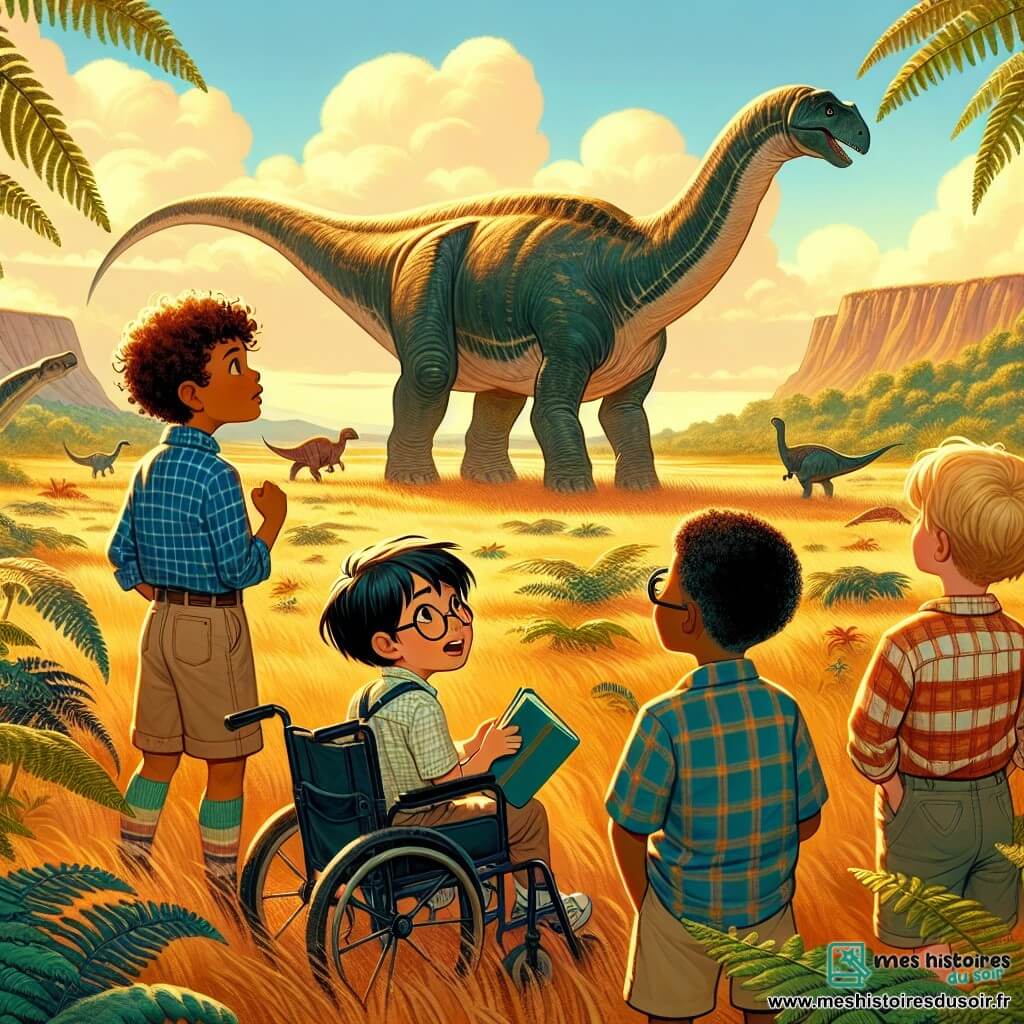 Dans une vaste plaine préhistorique, quatre garçons admirent un brontosaure. Antoine, 10 ans, cheveux bruns en bataille, tient un carnet. Lucas, 9 ans, blond et en fauteuil roulant, est excité. Théo, 10 ans, cheveux noirs et taches de rousseur, lève les bras. Mehdi, 11 ans, aux cheveux bouclés et lunettes, observe avec curiosité. Le paysage est illuminé par une lumière dorée, avec des fougères géantes et des arbres luxuriants sous un ciel bleu parsemé de nuages. En arrière-plan, des montagnes ajoutent du mystère. Les garçons ont voyagé dans le temps et découvrent le monde des dinosaures, réalisant qu'ils vivent une aventure incroyable.