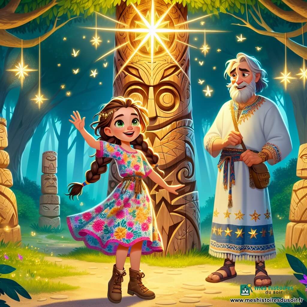 Lila, une fille de 10 ans aux tresses brunes et aux yeux curieux, se tient devant un totem en bois sculpté, son visage rayonnant de joie. Elle porte une robe colorée et des sandales en cuir, les bras levés en signe de victoire. À ses côtés se trouve le Gardien des Étoiles, un homme âgé d'environ 70 ans avec des cheveux argentés, qui sourit avec fierté, vêtu d'une tunique bleue ornée d'étoiles dorées. La scène se déroule dans une clairière entourée d'arbres majestueux, éclairée par une étoile brillante. Lila vient de redresser le totem, qui émet une lueur dorée, créant une ambiance féerique.