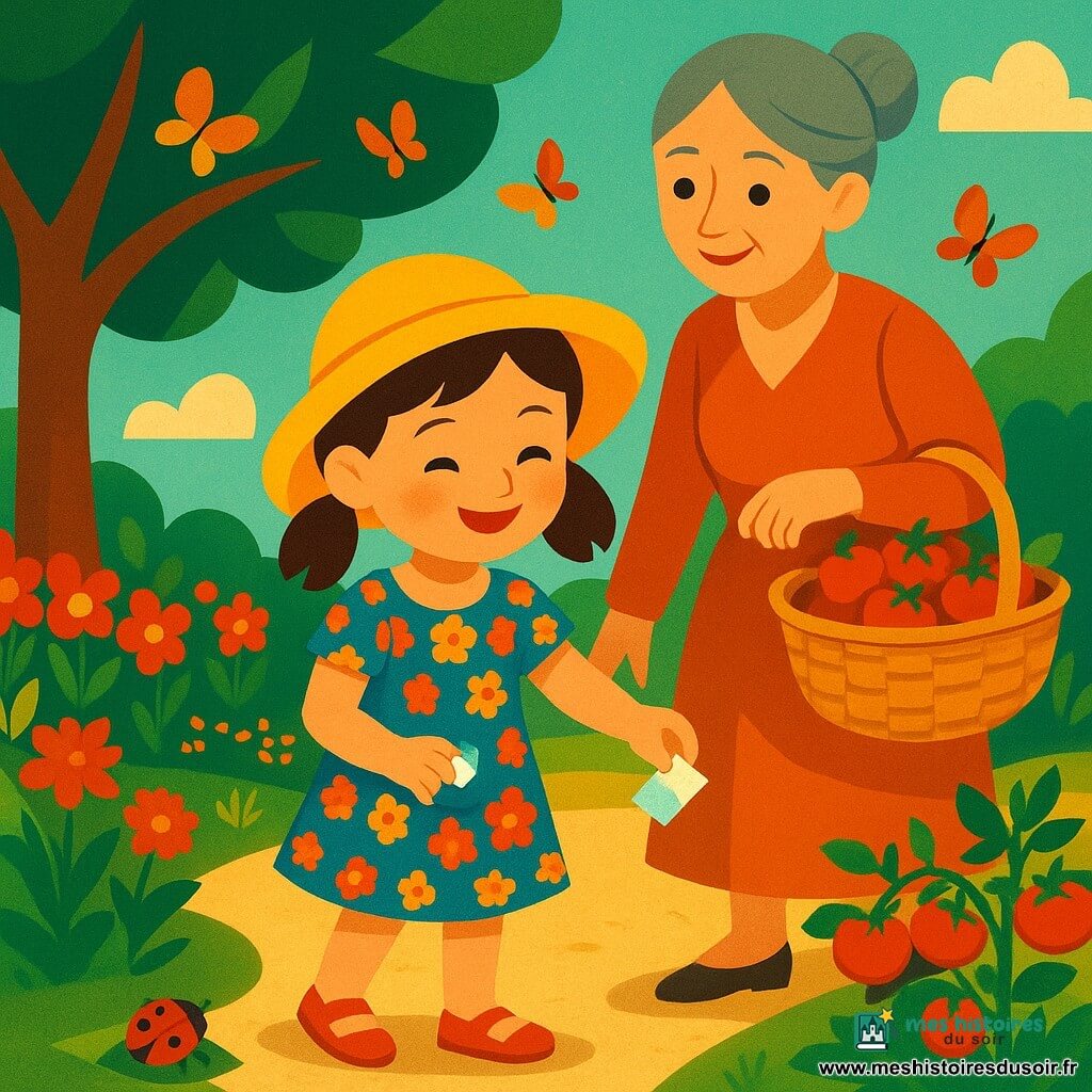Lola, une fillette de 4 ans aux cheveux bruns en couettes et chapeau jaune, ramasse un papier brillant qu'elle glisse dans sa poche, accompagnée d'une mamie d'environ 70 ans aux cheveux gris en chignon tenant un panier de tomates, tandis qu'une coccinelle et quelques papillons voltigent dans un jardin estival ensoleillé aux plates-bandes colorées, allée de sable clair, grand arbre ombrageant, le tout dans une composition lumineuse et stylisée aux formes géométriques rappelant l'art déco.