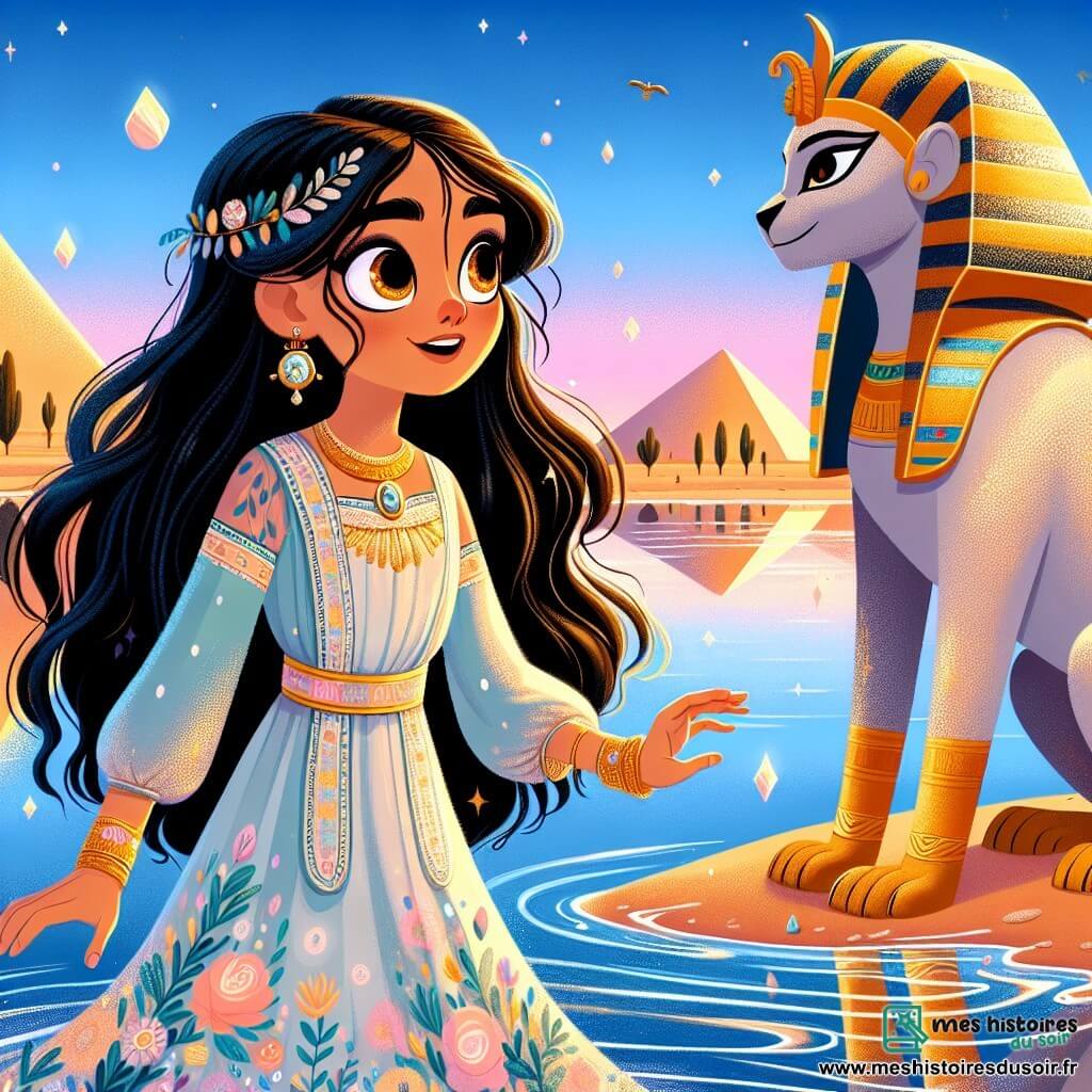 Nefertari, une jeune femme aux longs cheveux noirs et aux yeux curieux, se tient au bord d'un lac étincelant. Elle porte une robe légère ornée de motifs floraux et un collier d'or. Son visage exprime émerveillement et joie en admirant son reflet dans l'eau. À ses côtés, un sphinx majestueux avec des plumes dorées et des yeux sages l'observe bienveillant, se tenant sur une dune de sable. Le décor est une vallée des mirages avec des dunes scintillantes et un ciel bleu éclatant. Nefertari vient de plonger dans le lac pour prouver son courage et émerge en éclaboussant de l'eau, tandis que le sphinx lui indique le chemin vers le collier magique au bord du lac.