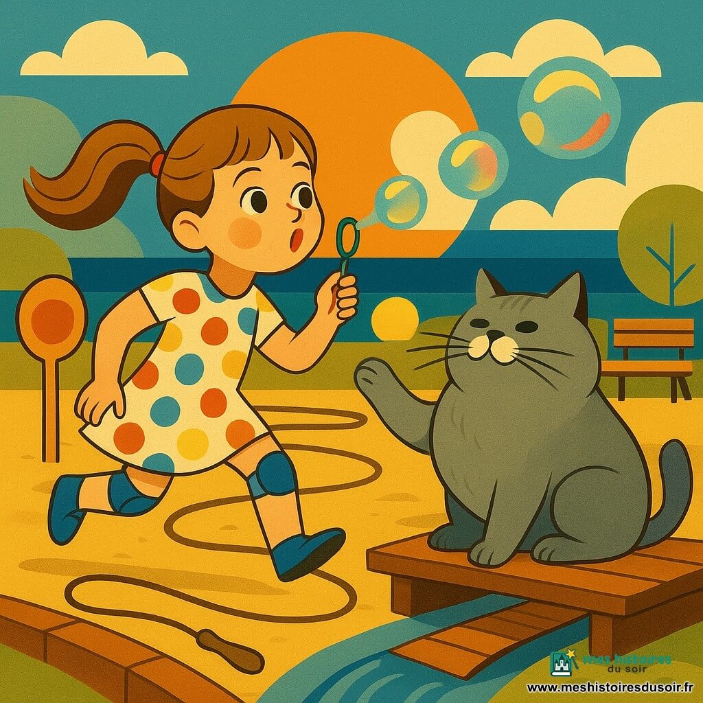 Zoé, 6 ans, rayonnante, souffle des bulles à la paille en courant près d’un train de bulles colorées ; cheveux châtain clair en couettes, robe à pois, genouillères, yeux brillants, bouche entrouverte. À côté, un chat gris mâle, gros et moelleux, moustachu, assis près des cordes‑voie, patte levée et regardant les bulles. La gare improvisée — rebord de bac à sable avec une vieille cuillère peinte en panneau, cordes à sauter formant une voie sinueuse, une louche en avant comme rampe, un banc en bois et un petit pont au‑dessus d’une rigole brillante — laisse passer un train de bulles translucides réfléchissant des éclats arc‑en‑ciel, sous un vent coquin ; couleurs vives, lignes stylisées, textures lisses, ambiance joyeuse et magique.
