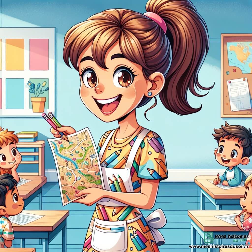 Une institutrice, Madame Claire, se tient au centre de sa classe lumineuse, souriante et enthousiaste. Elle porte une blouse colorée avec des motifs de crayons et tient une carte en papier. À sa droite, Léo, un garçon de 8 ans avec des cheveux bruns en bataille et un t-shirt bleu, observe la carte avec curiosité. À gauche, Lina, une fille de 9 ans aux cheveux longs, sourit en tenant une feuille décorée de dessins colorés. La classe est ornée d'affiches colorées, de tables en cercle et d'un coin lecture confortable. Madame Claire explique une chasse au trésor mathématique, entourée d'enfants attentifs, créant une atmosphère joyeuse et dynamique.