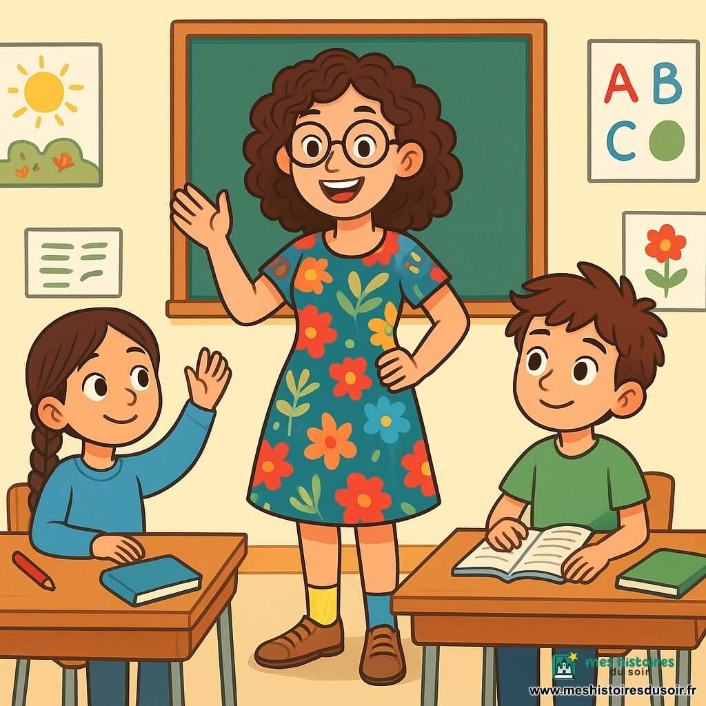 Maîtresse Lila, une femme souriante d'une trentaine d'années aux cheveux bouclés et lunettes rondes, se tient au centre de la classe dans une robe colorée à motifs floraux. Son visage rayonne de joie alors qu'elle explique un concept aux élèves. À sa droite, Théo, un garçon de 9 ans aux cheveux bruns, l'écoute attentivement avec un léger sourire, un cahier ouvert devant lui. À gauche, Zoé, une fille de 8 ans avec des tresses et un pull bleu, lève la main pour poser une question. La scène se déroule dans une salle de classe lumineuse, décorée de dessins d'enfants et d'affiches colorées. Maîtresse Lila guide ses élèves dans une activité interactive, créant une atmosphère d'apprentissage joyeuse et collaborative.