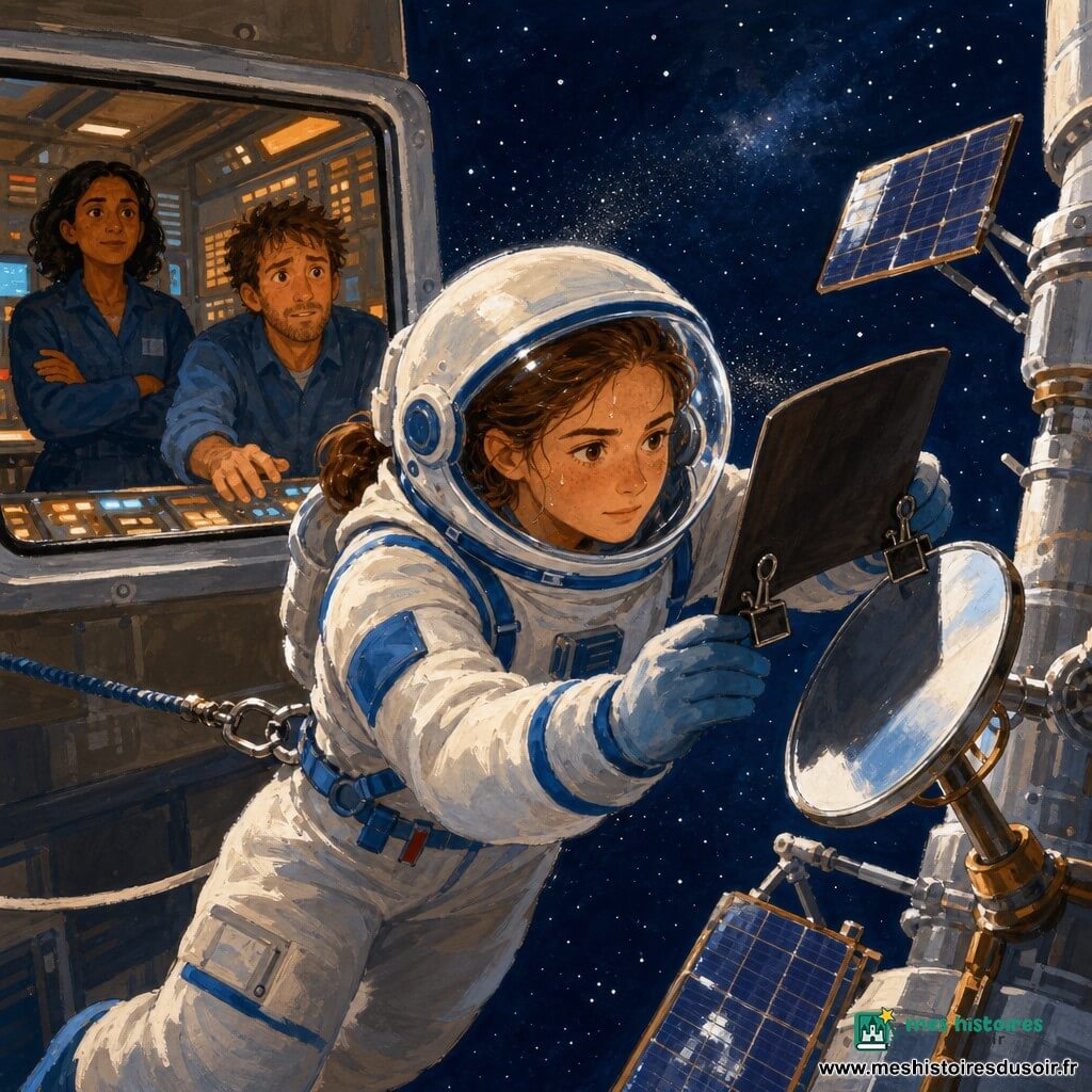 Anaïs, casque à visière claire, cheveux châtains attachés, combinaison spatiale blanche et bleue marquée de sueur, souriante mais concentrée, fixe avec deux pinces un petit pare-lumière sombre sur un miroir métallique, attachée à la station par une ligne de sécurité; Milo, une trentaine d'années, cheveux en bataille, anxieux mais plein d'espoir, visible derrière une fenêtre de la salle de contrôle tapant sur une console lumineuse et suivant Anaïs; Sanaa, quarantaine, peau brune, calme, bras croisés près d'un panneau d'écrans clignotants, surveille la manœuvre; décor : petite station météo spatiale métallique avec bras fins, panneaux solaires brillants et un petit miroir circulaire, ciel étoilé en arrière-plan; scène : sortie courte d'Anaïs pour poser un pare-soleil sur un miroir de calibration afin d'éviter des reflets, tension calme, micro-débris suggéré par une traînée de poussière près du casque; style : gouache aux couleurs saturées mais douces, textures de pinceau visibles, contrastes chauds et froids, composition centrée sur Anaïs avec Milo et Sanaa en arrière-plan.