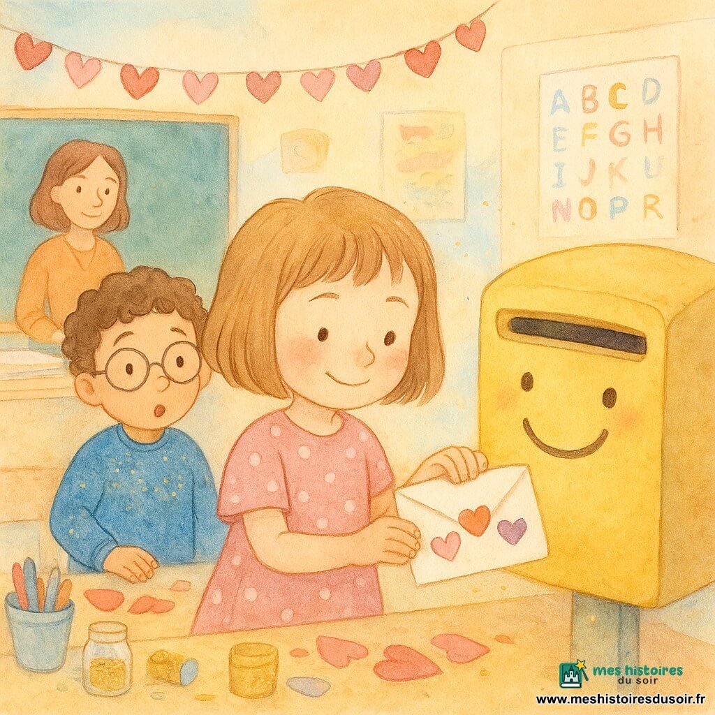 Lila, 6 ans, cheveux châtain clair en carré, sourit timidement et glisse une petite enveloppe blanche décorée de trois cœurs dans une grande boîte aux lettres de classe souriante pendant que Noé, 6 ans, lunettes rondes et pull bleu pailleté, la regarde amusé ; Aïcha, 6 ans, cheveux noirs en tresse et tablier de peinture rose, découpe des cœurs en papier à une table voisine en souriant, la maîtresse observe bienveillante près du tableau ; la classe lumineuse est décorée de guirlandes de cœurs, pots de feutres, boîtes de paillettes et affiches, l’enveloppe fermée par un autocollant chat et quelques paillettes flottent dans l’air, ambiance douce et joyeuse aux tons aquarelle pastels.