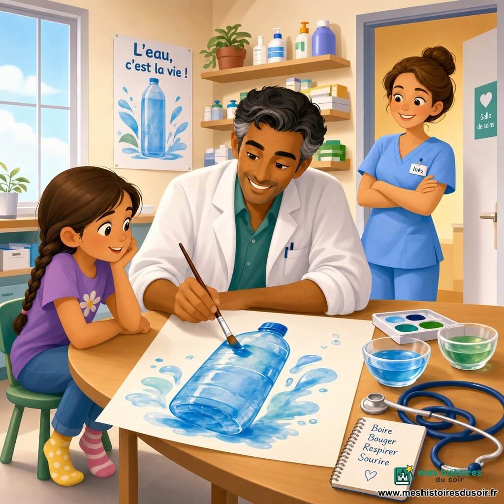 Le docteur Malik, souriant, cheveux noirs poivre et sel, manches de blouse retroussées, peint au pinceau humide une grande gourde bleue sur une feuille posée sur une table en bois tandis qu’Inès l’infirmière, la trentaine, cheveux en chignon, sourit bras croisés à la porte et Lila, 9 ans, tresse brune, regarde fascinée depuis une petite chaise ; dans ce cabinet lumineux à grande fenêtre on voit étagères avec flacons, boîte de pansements et bols d’aquarelle bleu et vert, et l’affiche préventive « gourde souriante » prend forme avec coups de pinceau et gouttes d’eau dans une ambiance chaleureuse et rassurante.