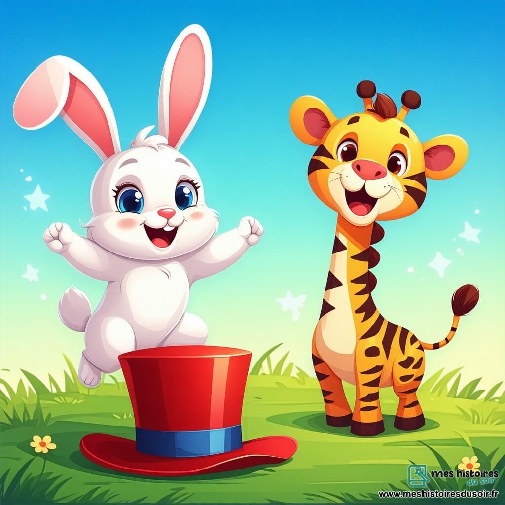 Léo le lapin, avec son pelage blanc et doux, saute avec enthousiasme au-dessus d'un grand chapeau rouge. Zoé la girafe, prête à sauter aussi, se tient à côté de lui, tandis que Toto le tigre se prépare à bondir derrière eux, riant. Le décor est un champ ensoleillé avec des fleurs colorées et des arbres sous un ciel bleu. Les amis animaux s'apprêtent à sauter ensemble par-dessus le chapeau, créant une atmosphère joyeuse.