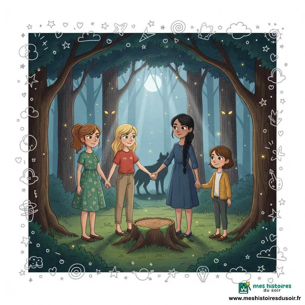Quatre filles forment un cercle main dans la main autour d'une vieille souche moussuée au centre d'une clairière ronde dans une forêt dense : Lila (≈11 ans) châtain clair en queue de cheval, robe verte à fleurs, au premier plan à gauche, visage déterminé ; Zoé (≈10 ans) blonde, t-shirt rouge et pantalon beige, centre-gauche, sourire malicieux ; Louna (≈12 ans) cheveux noirs en longues tresses, robe bleu marine, centre-droit, posture droite et regard protecteur ; Jade (≈9 ans) brune aux cheveux courts, gilet moutarde, à droite, plus petite, confiante mais timide. Le sol est couvert de mousse et de petites fleurs blanches, les troncs rugueux forment une voûte sous une lune argentée qui éclaire en faisceaux, de petites lucioles jaunes flottent, et derrière les arbres on devine la silhouette d'un loup aux yeux jaunes avec une longue ombre projetée au sol ; ambiance mystérieuse mais rassurante, palettes de bleus nuit et verts mousse avec touches chaudes sur les vêtements, petits doodles blancs (étoiles, cœurs, lignes de mouvement) en overlay pour un rendu jeunesse.