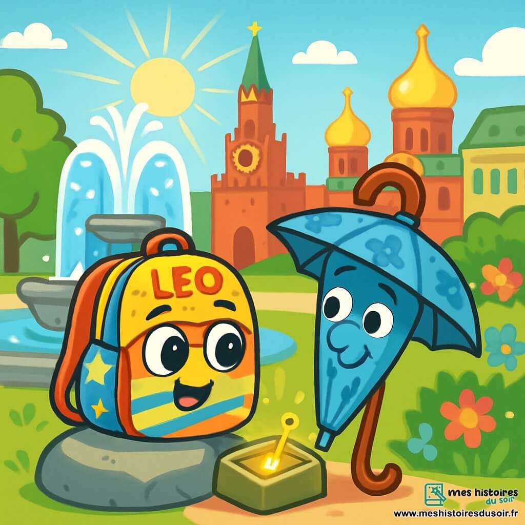 Un petit sac à dos nommé Léo, avec des motifs d'étoiles et de rayures vives, est posé sur une pierre près d'une fontaine scintillante. Il a de grands yeux ronds et un sourire joyeux. À côté de lui se trouve un vieux parapluie nommé Igor, avec une poignée en bois et des motifs de fleurs bleues, qui se penche légèrement vers Léo comme s'il lui chuchotait un secret. La scène se déroule sur la grande Place Rouge de Moscou, entourée de bâtiments majestueux aux dômes dorés, sous un ciel bleu éclatant. Léo et Igor découvrent ensemble une petite boîte cachée sous une pierre, contenant une clé scintillante. L'atmosphère est magique et aventureuse, avec des rayons de soleil illuminant la scène.