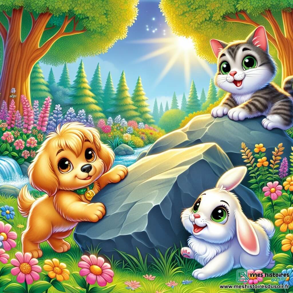 Un petit chien nommé Bouton, aux poils dorés et aux yeux pétillants, pousse un gros rocher avec détermination. À ses côtés, Paillette, une chatte tigrée aux yeux verts, observe avec curiosité. Flocon, un lapin aux grandes oreilles blanches, saute joyeusement, prêt à aider. Le décor est un jardin enchanteur avec des fleurs colorées, de grands arbres et une rivière scintillante bloquée par le rocher. La scène illustre l'effort collectif des animaux pour libérer l'eau, créant une ambiance de camaraderie et d'aventure.