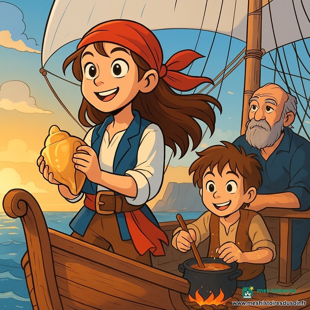 Une jeune fille pirate, Maëlle, se tient fièrement à la proue d'un navire, ses cheveux bruns flottant au vent et un foulard rouge autour de sa tête. Elle exprime une détermination joyeuse, tenant une conque brillante, prête à la rendre à son endroit d'origine. À ses côtés, Téo, un garçon d'environ 10 ans, prépare une soupe sur un petit feu, ses mains pleines de farine et de sel. Plus loin, Vieux Corentin, un homme âgé avec une barbe grise, observe la mer pensivement. Le décor se situe sur le pont du vieux navire pirate La Bravade, avec des voiles blanches et une mer scintillante sous le soleil couchant. Maëlle, déterminée et courageuse, s'apprête à rendre la conque, un acte de bravoure qui pourrait changer leur voyage.