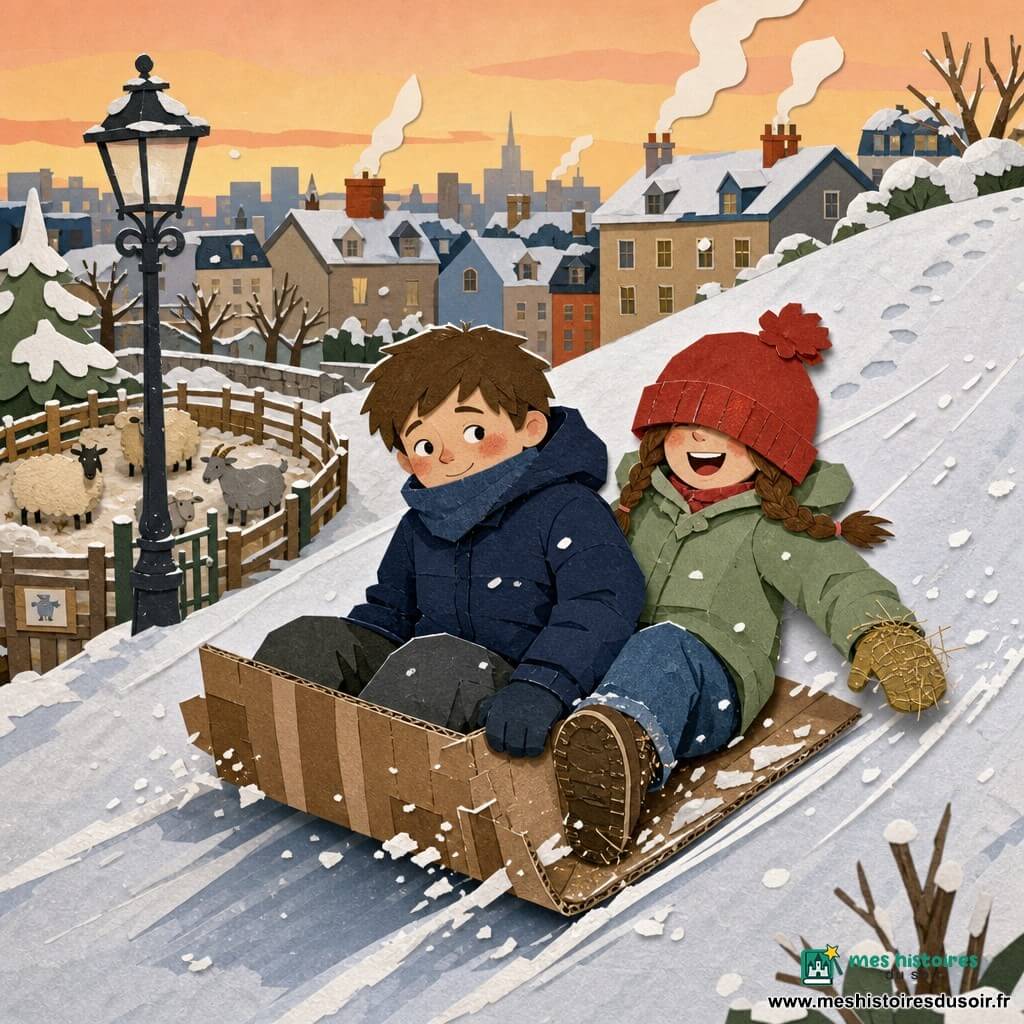 Deux enfants de 11 ans glissent côte à côte sur un carton improvisé le long d’une petite colline urbaine enneigée : Hugo, garçon aux cheveux châtains courts, manteau bleu foncé et écharpe, assis à gauche en tenant le carton et souriant timidement, et Lina, fille aux tresses brunes, bonnet rouge trop grand, manteau vert clair et gants sales, assise à droite poussant du pied et criant patate; en arrière-plan, toits aux cheminées fumantes, un lampadaire en fer forgé et, sur la gauche, un enclos de ferme pédagogique avec moutons et chèvres, le tout sous un ciel pâle teinté d’orange au coucher.