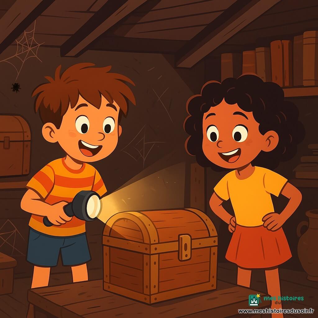 Un garçon de 8 ans, Lucas, aux cheveux châtains en bataille et aux yeux curieux, se tient dans un grenier poussiéreux. Il porte un t-shirt rayé et un short, tenant une lampe torche qui éclaire une boîte en bois ancienne, son visage rayonnant d'excitation. À ses côtés, sa meilleure amie Zoé, 9 ans, avec des cheveux bouclés et un sourire éclatant, observe la boîte avec enthousiasme. Le grenier est rempli de vieux objets, créant une atmosphère mystérieuse. Lucas et Zoé découvrent une boîte en bois mystérieuse, pleine de trésors oubliés, et sont excités à l'idée de retrouver les propriétaires de ces objets perdus.