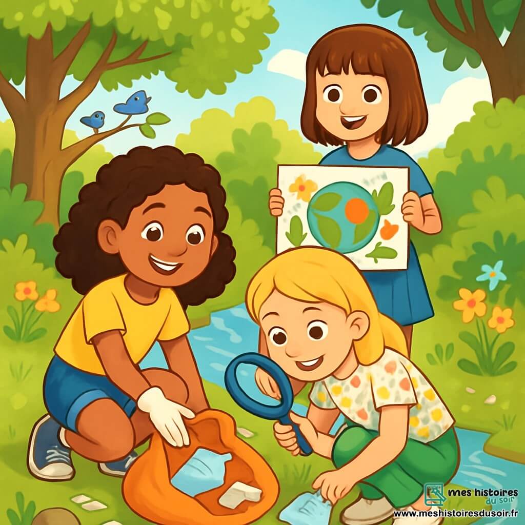 Trois personnages sont présents : Clara, une fille de 10 ans avec des boucles brunes et un t-shirt jaune, ramasse des déchets près d'un ruisseau. Léa, également âgée de 10 ans, examine un morceau de plastique avec une loupe, vêtue d'une blouse à fleurs et d'un pantalon vert. Sofia, avec des cheveux châtains et un t-shirt bleu, tient une affiche sur la protection de l'environnement. Le ruisseau est entouré de verdure, d'arbres majestueux et de fleurs sauvages. Les trois amies, souriantes et déterminées, ramassent des déchets et encouragent d'autres enfants à les rejoindre pour protéger leur environnement.