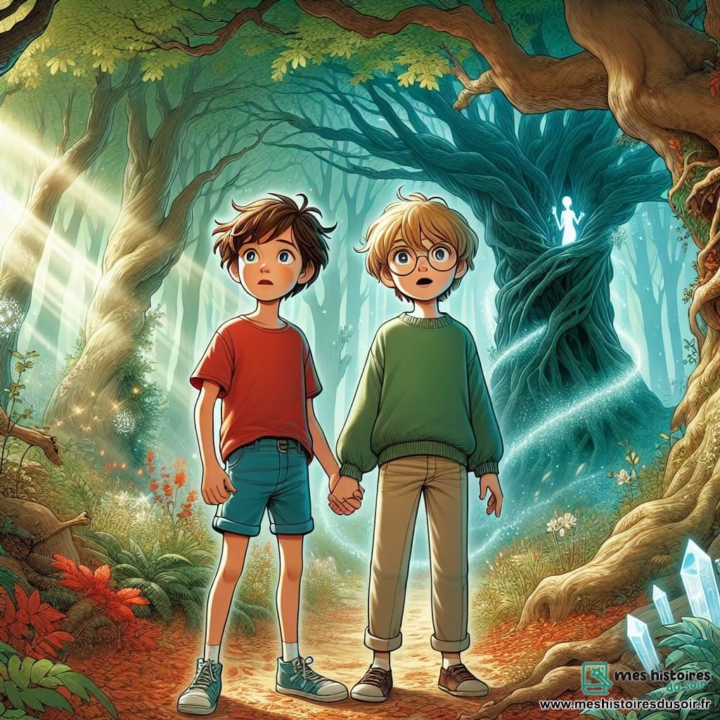 Deux garçons, Maxime et Lucas, âgés de neuf ans, se tiennent au centre de la scène. Maxime a des cheveux bruns en bataille et porte un t-shirt rouge et un short bleu, tandis que Lucas, aux cheveux blonds et aux lunettes rondes, est vêtu d'un pull vert et d'un pantalon beige. Ils affichent un mélange d'excitation et de peur sur leurs visages. La scène se déroule dans une forêt mystérieuse avec de grands arbres et un ancien chêne creux en arrière-plan, émettant une lueur douce. Devant l'arbre, une silhouette éthérée, l'esprit de la forêt, apparaît, entourée de cristaux scintillants. Les garçons, bien que nerveux, sont déterminés à affronter l'inconnu et à découvrir le trésor caché.