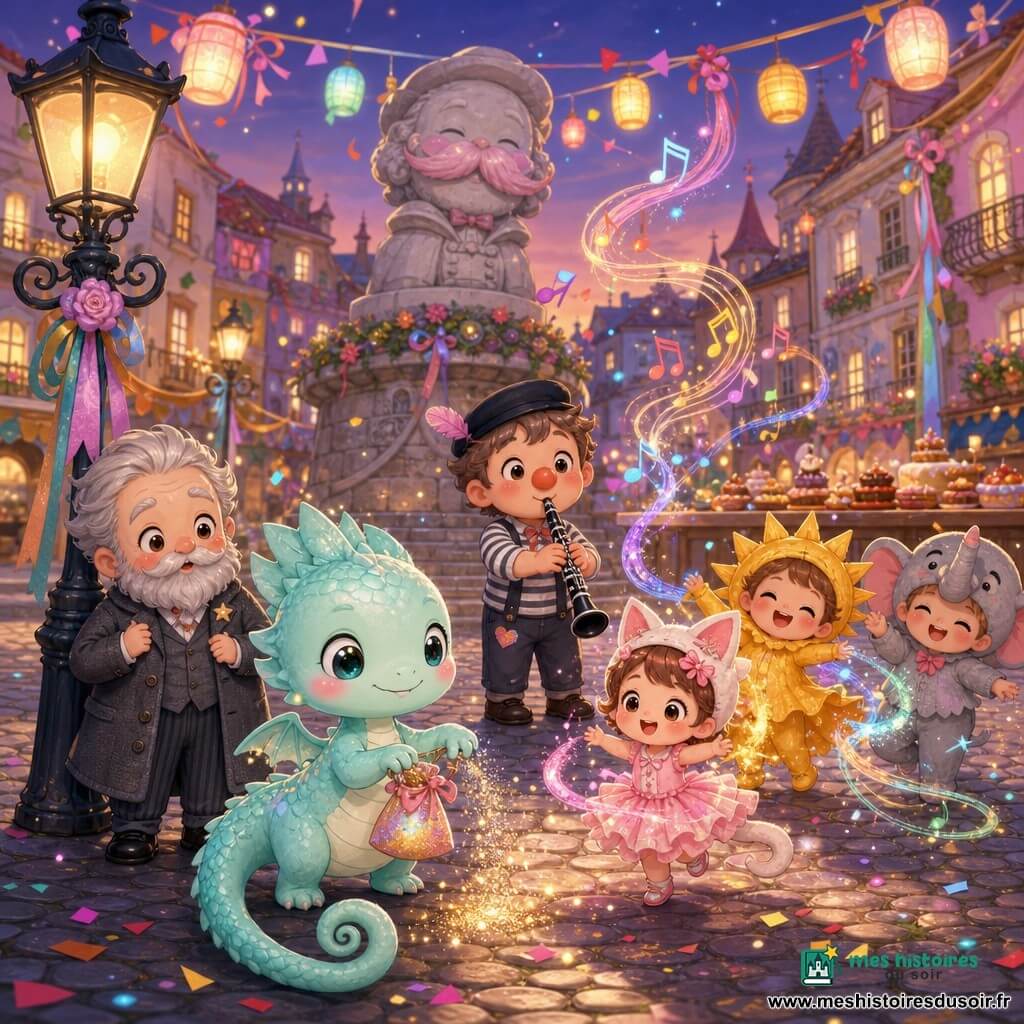 Petite créature écailleuse menthe pastel nommée Lirio, ailes minuscules vernies, longue queue en spirale, yeux ronds brillants et sourire discret, tient un sac de paillettes et saupoudre une pluie scintillante; posture timide mais joyeuse, doigts fins couverts de poussière d'or. À gauche, Monsieur Coquelicot, vieil homme chibi à la barbe grise courte, manteau en laine gris foncé et minuscule étoile dorée sur le revers, visage surpris et sourire timide, debout près d’un lampadaire. Au centre, musicien chibi au nez rond en chemise rayée jouant de la clarinette noire; les notes deviennent des rubans lumineux quand Lirio saupoudre. À droite, groupe d’enfants chibi en costumes carnavalesques (chat en tutu rose, famille soleil jaune, petit éléphant gris) tournoyant et riant, traçant des arcs de couleur. Décor : place de village pavée de pierres rondes, grande statue de pierre à moustache rose, façades pastel aux balcons garnis de rubans, guirlandes de lanternes, confettis et gâteaux sur une table en bois; ciel crépusculaire et lumière chaude des lampions. Ambiance : carnaval au crépuscule, musique visible en rubans colorés, décor festif, expressions tendres, palette pastel saturée, atmosphère douce, joyeuse et scintillante.