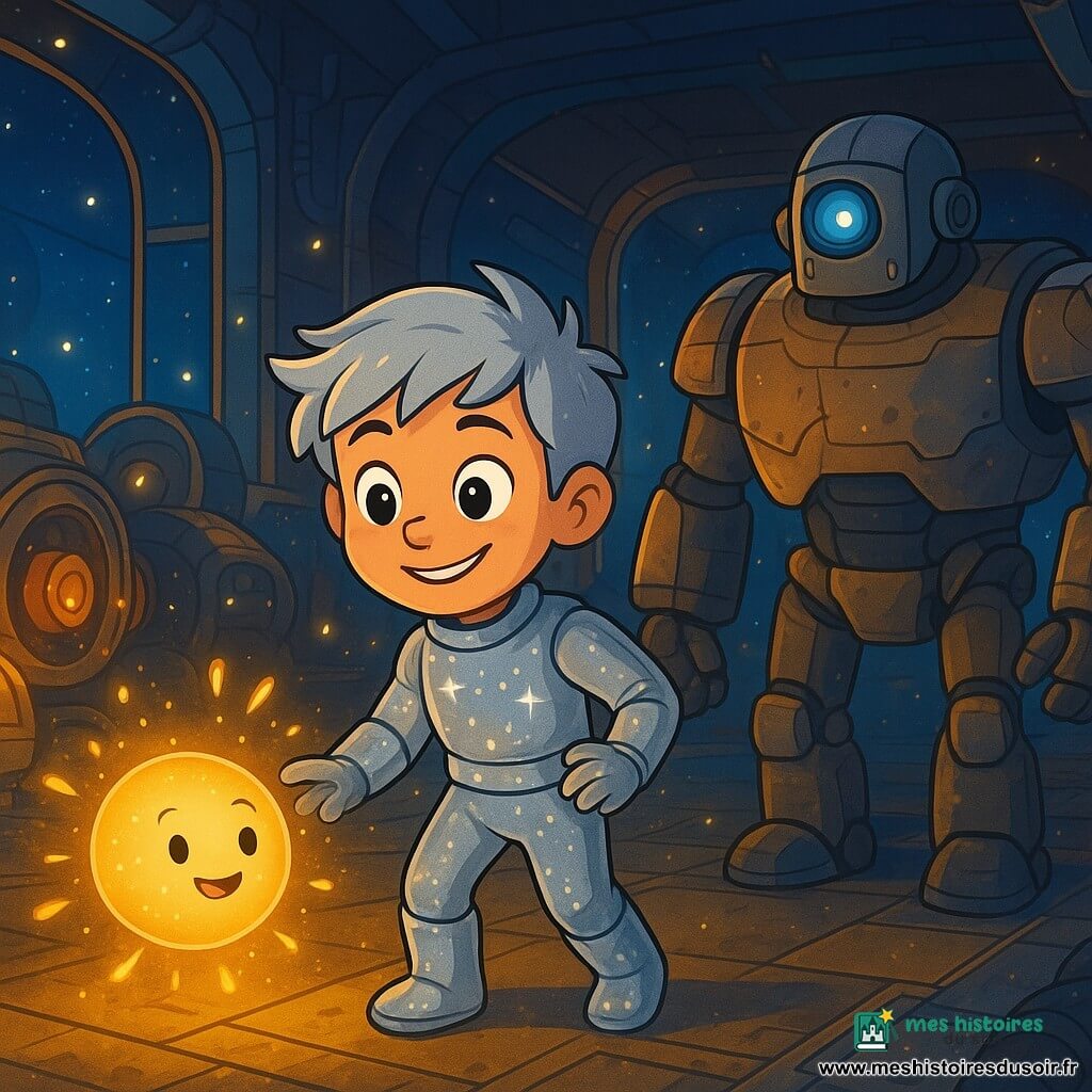 Un jeune homme nommé Elios, aux cheveux argentés et aux yeux curieux, se tient au centre d'un dock spatial lumineux. Il porte une combinaison argentée et affiche un sourire déterminé. À ses côtés, Luni, une boule de lumière joyeuse, danse autour de lui, émettant des étincelles dorées. Un robot réparateur nommé Rax, grand et imposant, observe avec un air protecteur. Le dock est vaste, rempli de moteurs gravés émettant une douce lueur, tandis que des lucioles flottent dans l'air. La scène est colorée et magique, avec des étoiles visibles à travers les fenêtres. Elios, Luni et Rax se préparent à ramener la lumière d'un moteur ancien, tandis que des ombres mystérieuses dansent autour d'eux.