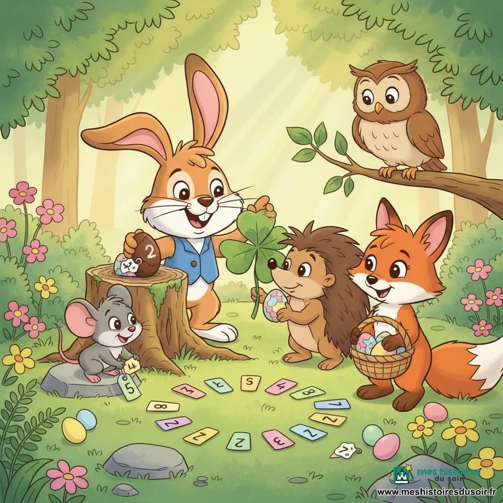 Malo le lapin : lapin anthropomorphe au pelage caramel, grandes oreilles, large sourire, petit gilet bleu, tenant un œuf en chocolat étiqueté, déposant un œuf derrière une souche moussue ; Zoé la souris : petite souris grise aux yeux ronds, souriante, accroupie à gauche en train d’agencer des étiquettes colorées ; Léon le hérisson : hérisson brun aux piquants ronds, enjoué, à droite tenant un œuf sous une feuille de trèfle ; Cléo la renarde : renarde roux-orange, yeux pétillants, portant un panier tressé rempli d’œufs, un peu en avant à droite ; Oscar le hibou : hibou brun clair perché sur une branche basse observant la scène ; clairière en forêt : pelouse verte parsemée de fleurs roses et jaunes, souches mousseuses, rayons de soleil filtrant, petites cachettes (sous pierre, entre fougères) et œufs pastel (rose, jaune, vert) étiquetés ; situation : chasse aux œufs de Pâques joyeuse et collaborative autour d’un cercle d’étiquettes formant une phrase, ambiance chaleureuse, couleurs pastel, contours doux, style cartoon années 90.