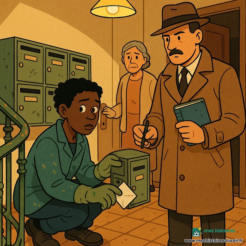 Un détective de 40–50 ans au visage sérieux mais bienveillant, trench-coat brun clair, chapeau bas et fine moustache, tient une couverture de livre bleue usée et un petit carnet, regard pénétrant prêt à interroger ; devant la boîte aux lettres, Nora, 25–30 ans, veste de travail tachée de peinture verte et gants peinturlurés, accroupie et nerveuse, glisse une note pliée indiquant « Rendez-le avant dimanche » ; en arrière-plan Mme Lenoir, environ 60 ans, cardigan beige et cheveux gris en chignon, main sur la poignée de sa porte, visage triste mais soulagé ; décor : palier d’immeuble ancien avec carrelage ocre usé, rampe en fer forgé écaillée, rangée de boîtes aux lettres métalliques et lumière jaune d’un vieil abat-jour projetant longues ombres ; scène serrée et silencieuse, atmosphère de mystère sans menace, palette chaude légèrement désaturée, style BD franco-belge aux contours clairs.