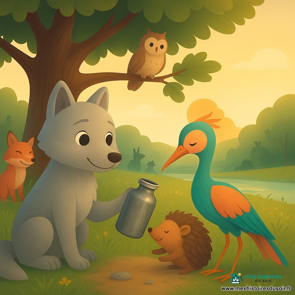 Un petit loup gris clair aux yeux noisette, assis sous un grand chêne, tend une gourde métallique abîmée avec un sourire discret ; Florette, étrange oiseau de la vallée des rochers aux plumes turquoise, corail et or, au long cou élégant, s’assoit près de lui et prend la gourde délicatement, tandis que Fiton le hérisson rond aux épines brunes boit, joyeux, légèrement devant et à droite du loup ; en arrière-plan un renard roux sourit, une chouette perchée et quelques silhouettes animales observent; herbe haute et fleurs jaunes, sentier terreux, quelques cailloux brillants et une rivière scintillante sous un ciel d’après-midi doré; atmosphère chaleureuse et paisible, partage et solidarité, lumière douce et couleurs chaudes.