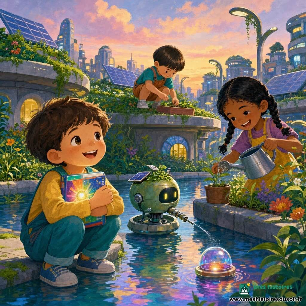 Dans un parc urbain futuriste, trois enfants d’environ 4–5 ans — Léo, souriant, tenant contre sa poitrine un livre-lumière coloré; une fillette aux tresses noires arrosant doucement un pot depuis un arrosoir métallique; et un garçon à la coupe au bol plantant des graines sur un toit bas — jouent près d’une capsule-bibliothèque brillante flottant sur un canal tandis qu’un petit robot-plante vert à panneaux solaires arrose et plante une pousse; eau claire reflétant le ciel, toits-jardins, panneaux solaires et lampadaires organiques baignent la scène d’une lumière du soir douce et pleine d’espoir.