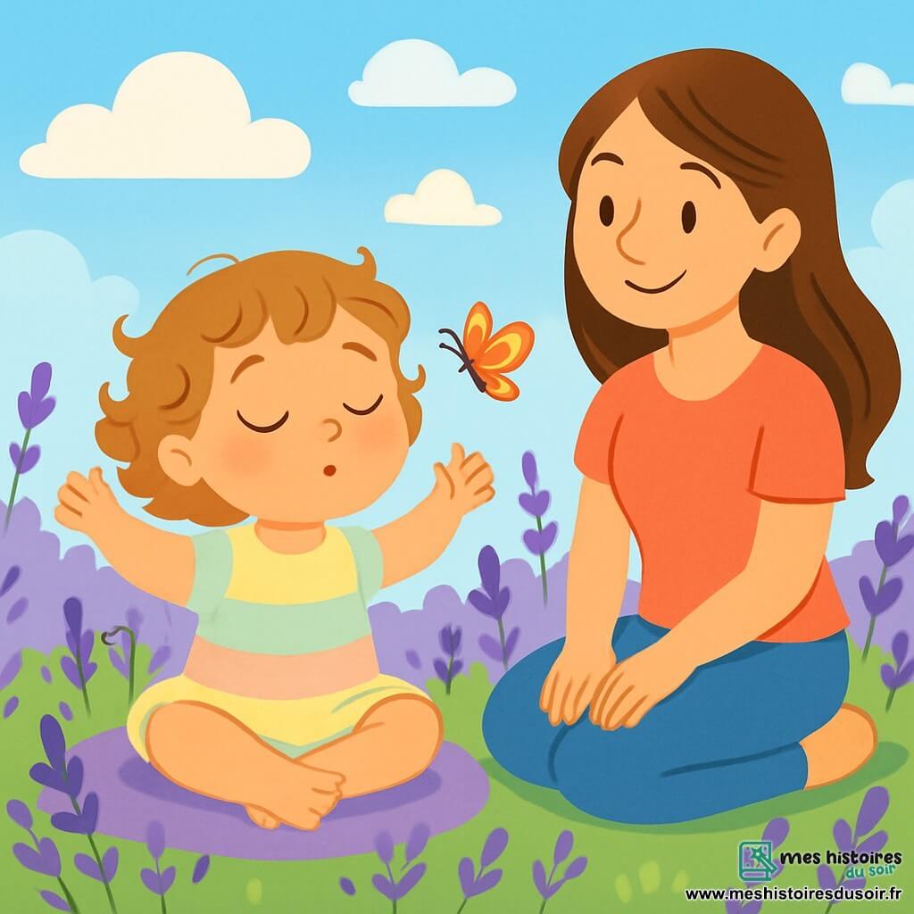 Une petite fille de 2 ans, avec de grands yeux brillants et un sourire doux, est assise en tailleur sur un tapis de lavande. Elle porte une robe légère pastel, et ses cheveux bouclés flottent au vent. Elle respire calmement, les bras levés comme des ailes de papillon, avec une expression sereine. À côté d'elle, sa maman, une femme d'une trentaine d'années aux cheveux longs châtains, sourit tendrement, assise sur un coussin moelleux, les mains sur les genoux, observant sa fille avec amour. Le lieu est un champ de lavande sous un ciel bleu clair, avec des nuages blancs. Les fleurs mauves dansent au rythme du vent, créant une ambiance paisible. La petite fille pratique une respiration douce, entourée de lavande, tandis qu'un papillon coloré vole autour d'elle, ajoutant une touche de magie à ce moment de calme.